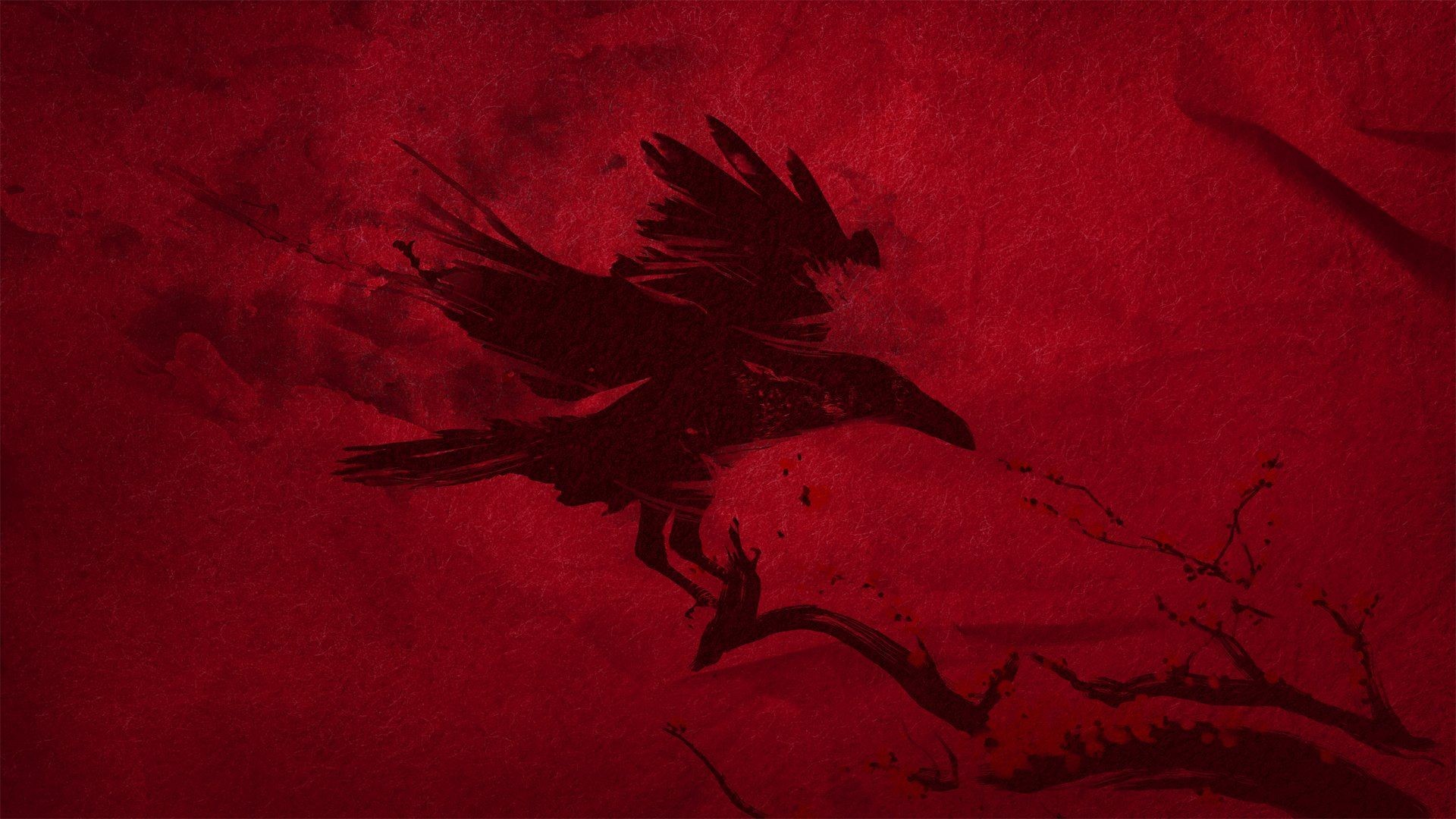 Corvo, Ramo, Rosso, Pittura a inchiostro, 1920x1080, sfondo per PC