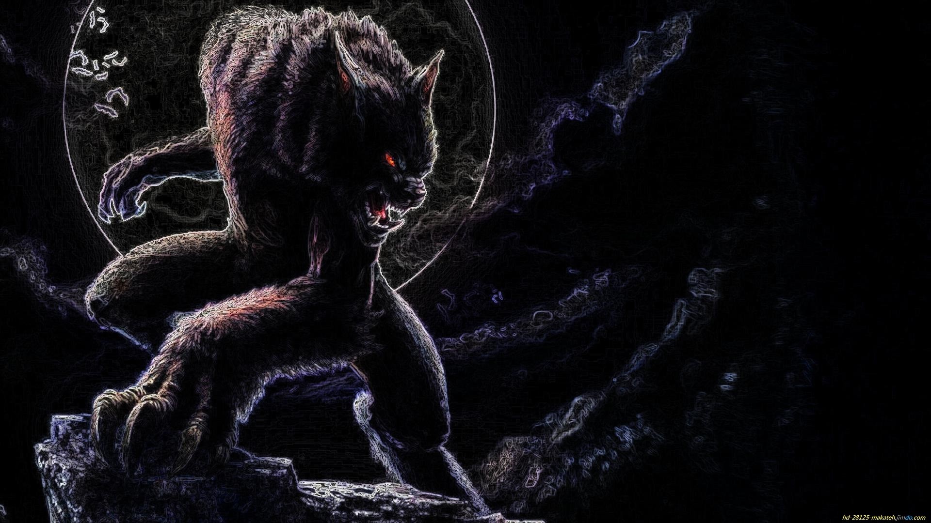 Lupo mannaro, Arte fantasy, Occhi rossi, Sfondo nero, 16:9 Full HD, wallpaper widescreen