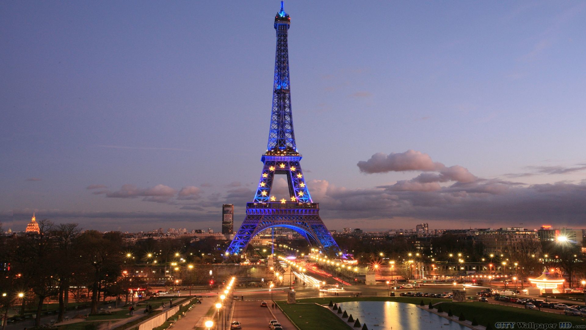 Torre Eiffel, Illuminazione blu, Parigi, Crepuscolo, Panorama, Full HD 1080p, sfondo desktop