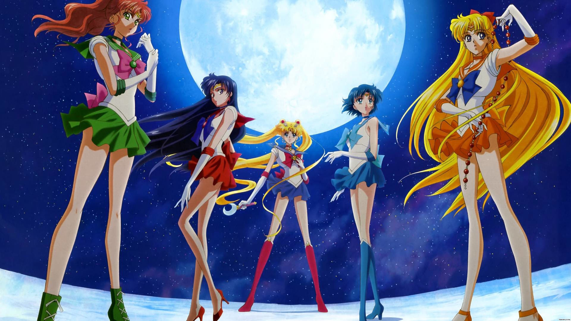 Sailor Jupiter, Sailor Mars, Sailor Moon, Sailor Mercury, Sailor Venus, Luna piena, sfondo desktop