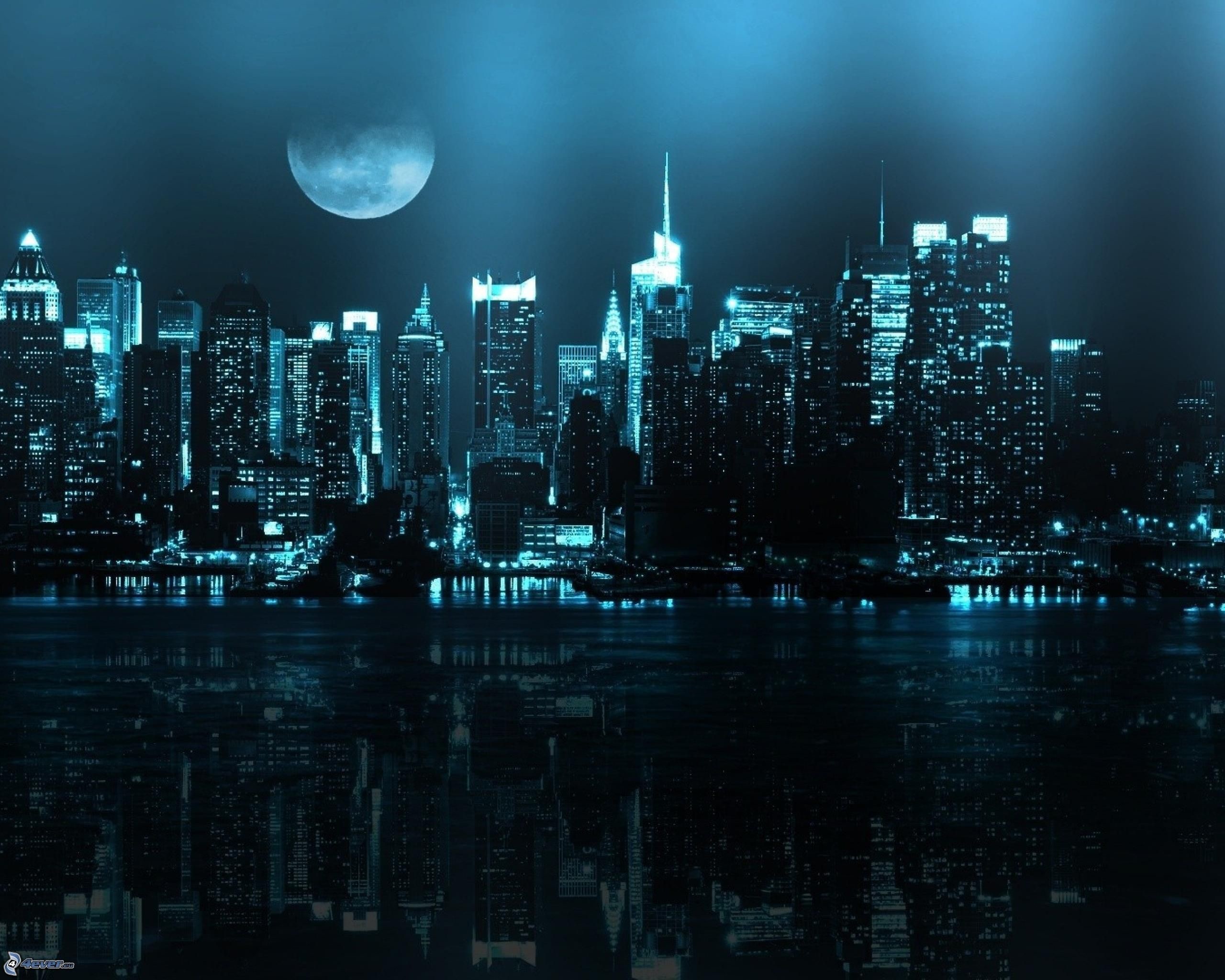 Skyline di Manhattan, New York, Luna, Notte, Ciano, 2K, sfondo Windows 11