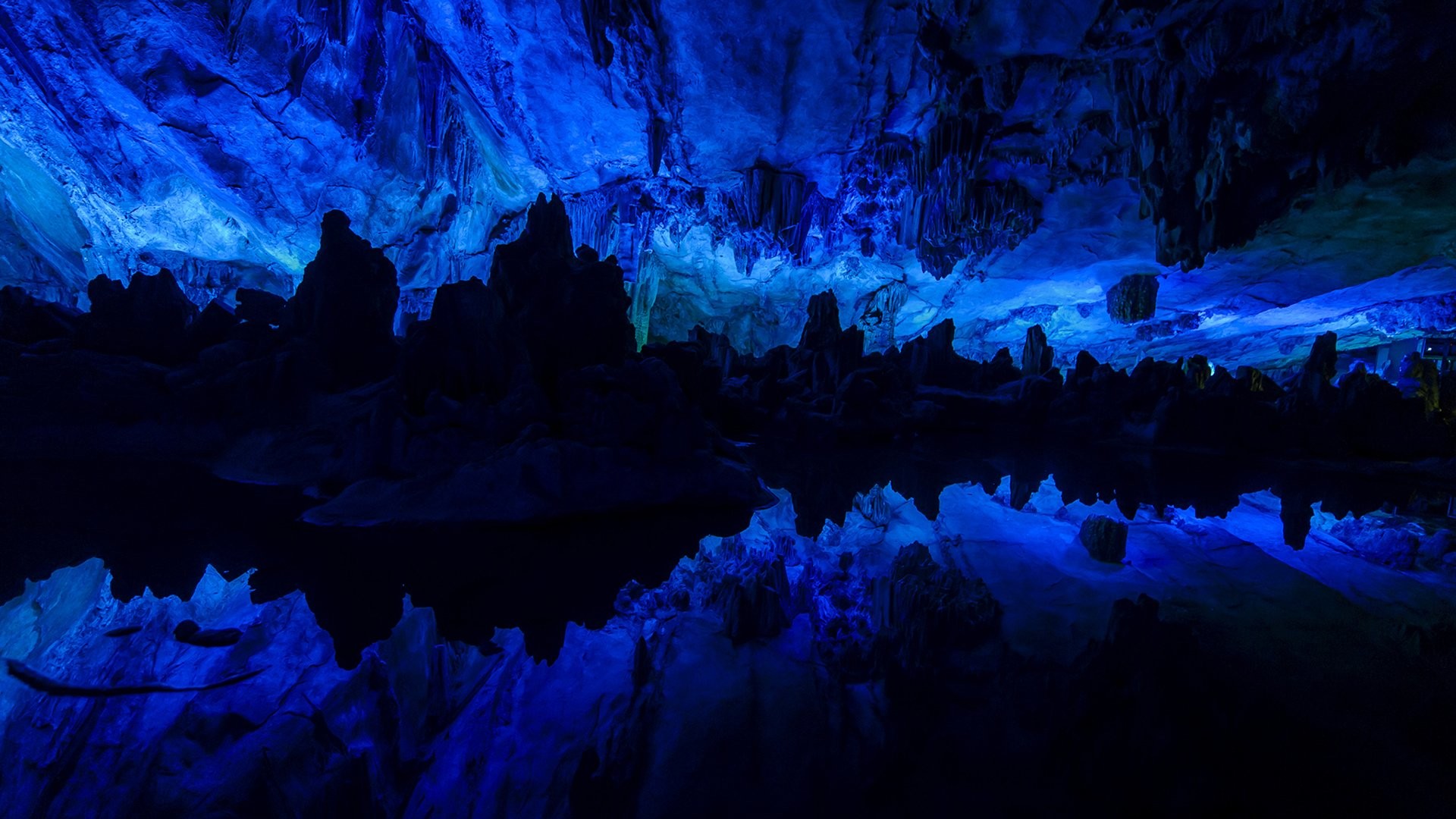 Grotta dei Flauti di Canna, Guilin, Grotta, Illuminazione blu, Riflesso, sfondo Full HD per computer