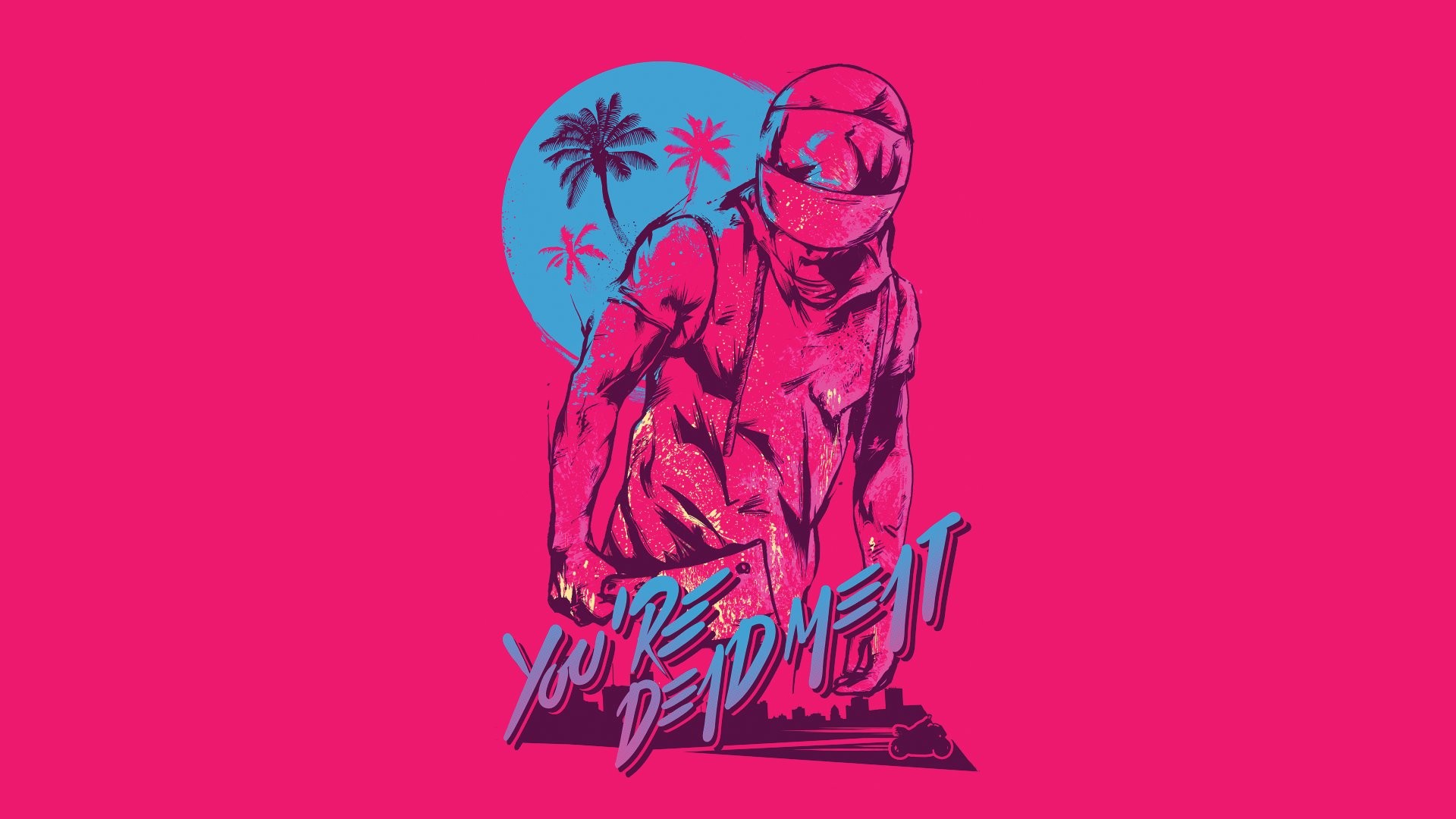 Biker, Hotline Miami, Palme, Sfondo rosa, 1920x1080, wallpaper desktop