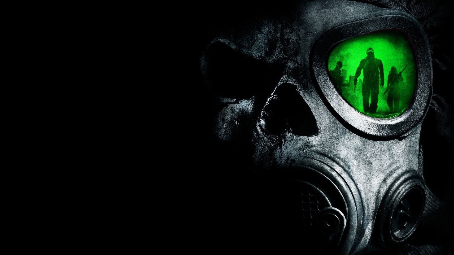 Maschera antigas, Teschio, Zombi, Riflesso verde, Sfondo nero, Full HD, wallpaper per portatile