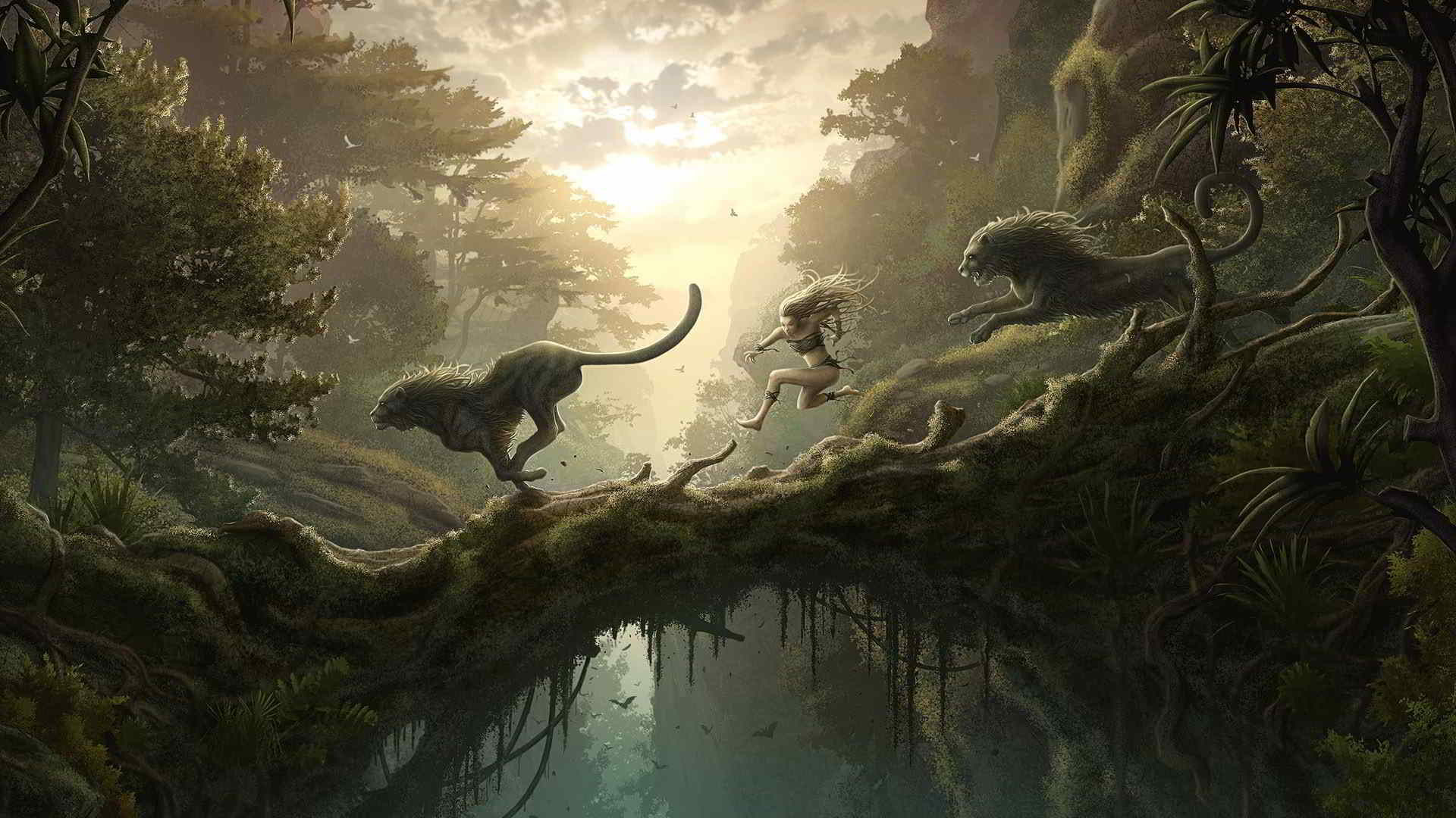 Giungla, Pantere, Guerriero, Albero, Arte fantasy, 16:9 Full HD, sfondo widescreen