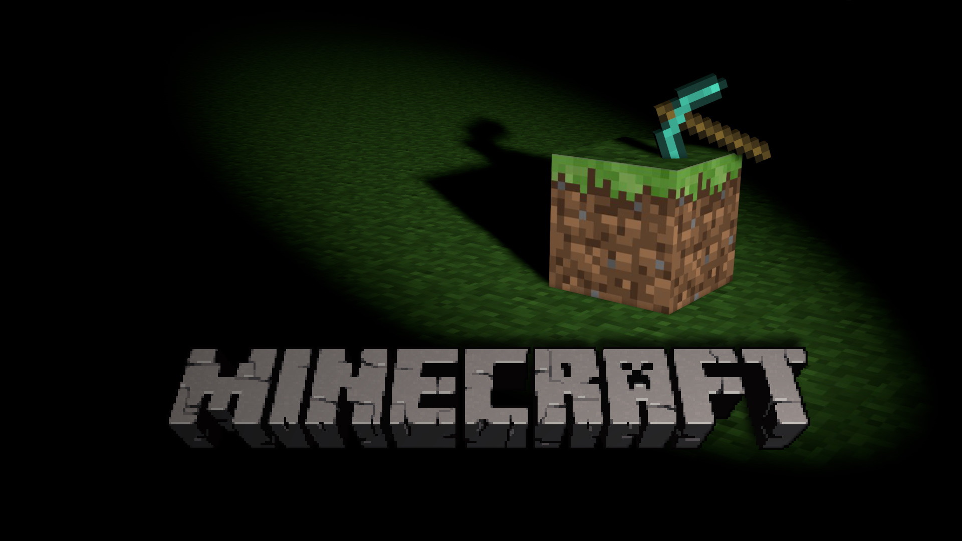 Minecraft, Logo, Blocco d'erba, Piccone, Sfondo nero, Full HD, wallpaper per portatile