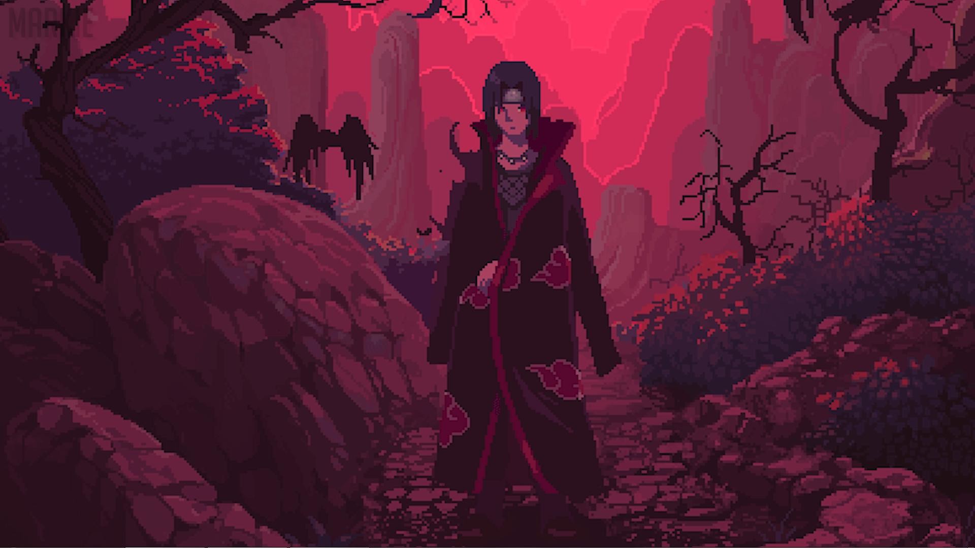 Itachi Uchiha, Akatsuki, Corvi, Paesaggio rosso, Full HD, sfondo per portatile