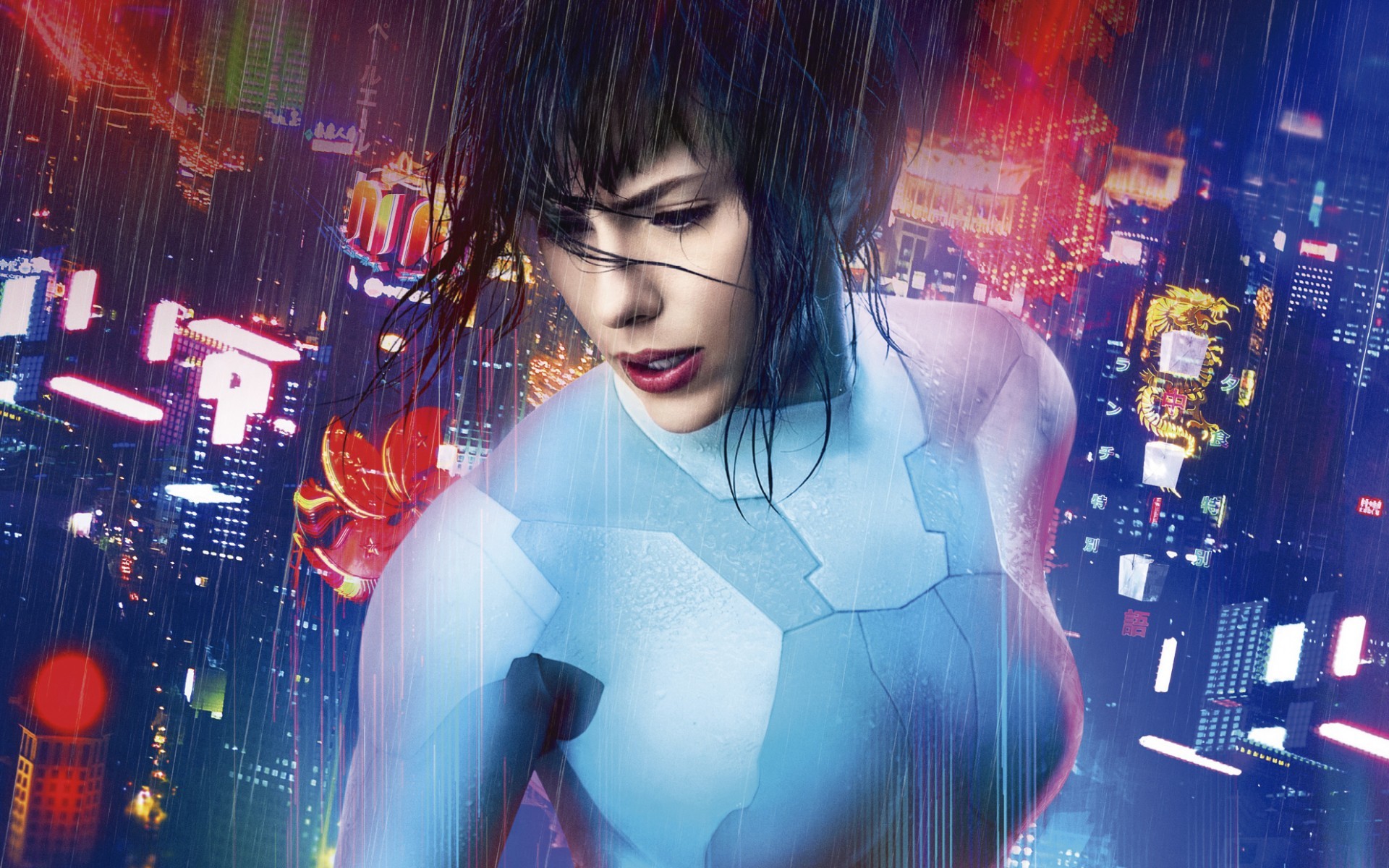 Scarlett Johansson, Maggiore Mira Killian, Ghost in the Shell (2017), Neon, Pioggia, sfondo Full HD