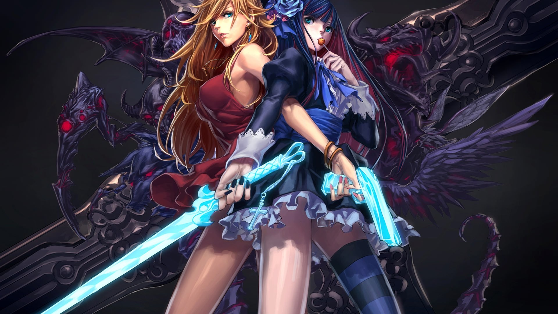 Ragazze anime, Spada, Fantasy, Ali scure, Illustrazione, Full HD, sfondo Windows 11