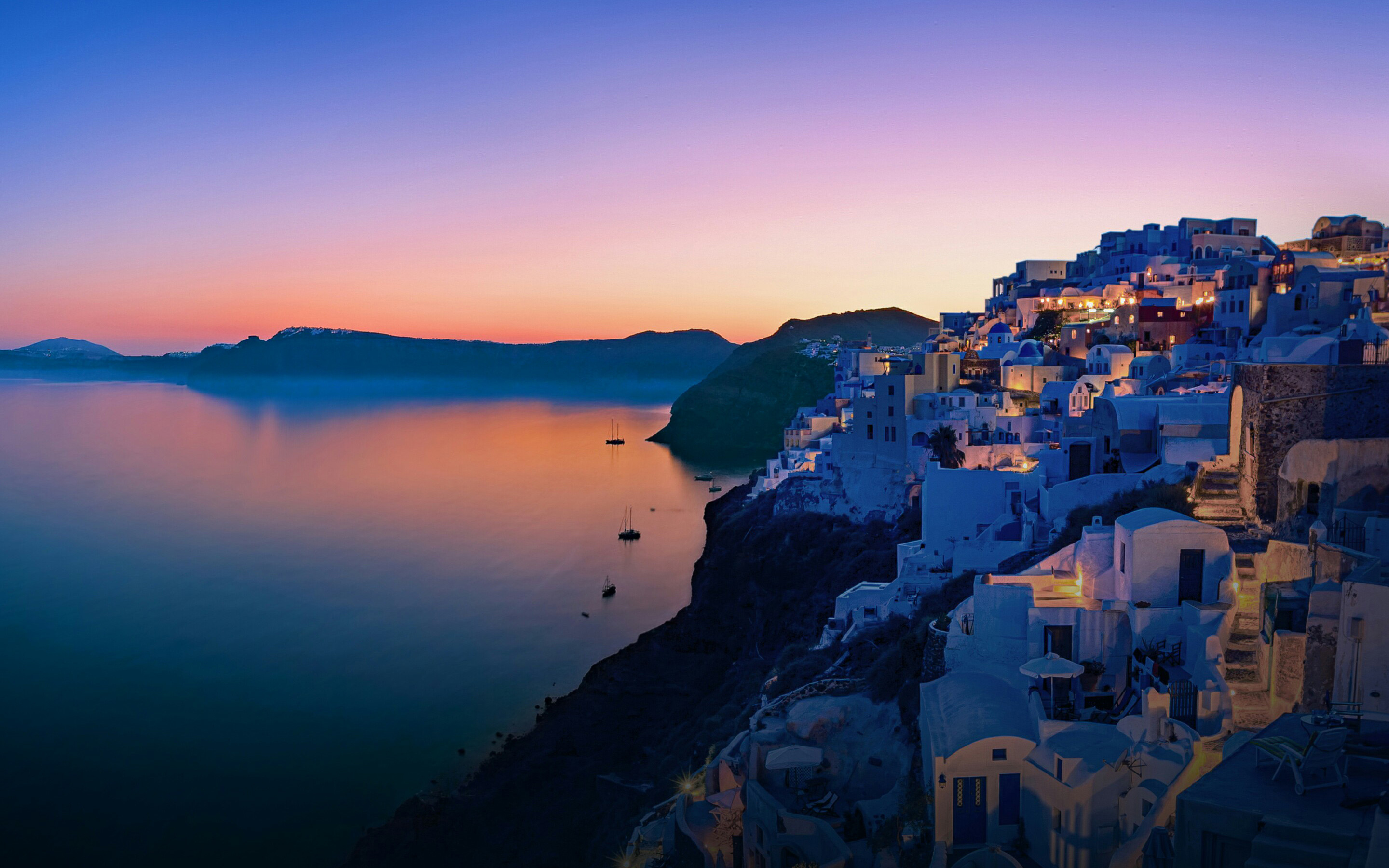 Santorini, Oia, Grecia, Tramonto, Scogliera, 2K, sfondo per portatile