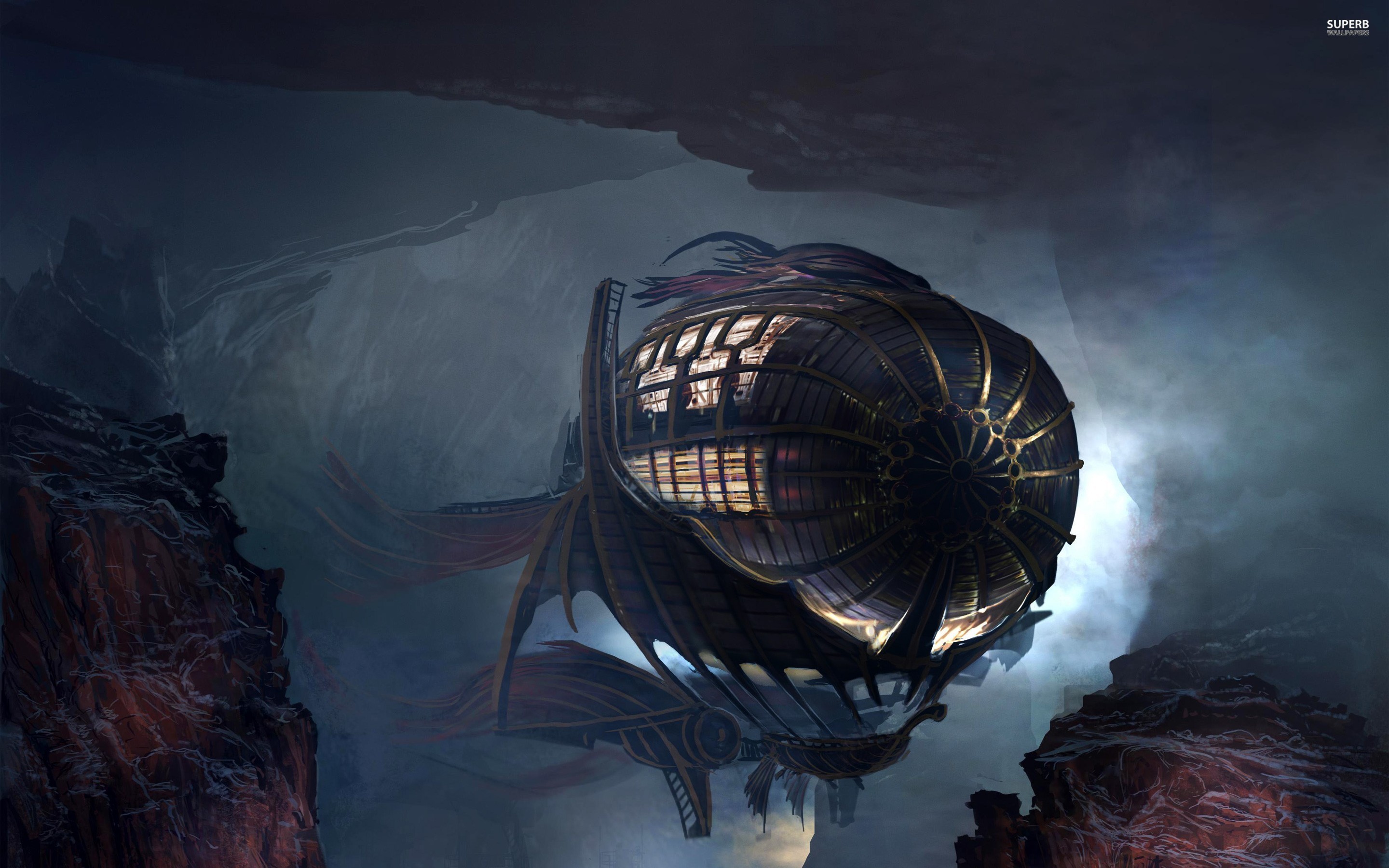 Dirigibile, Grotta, Notte, Steampunk, 2880x1800, wallpaper desktop