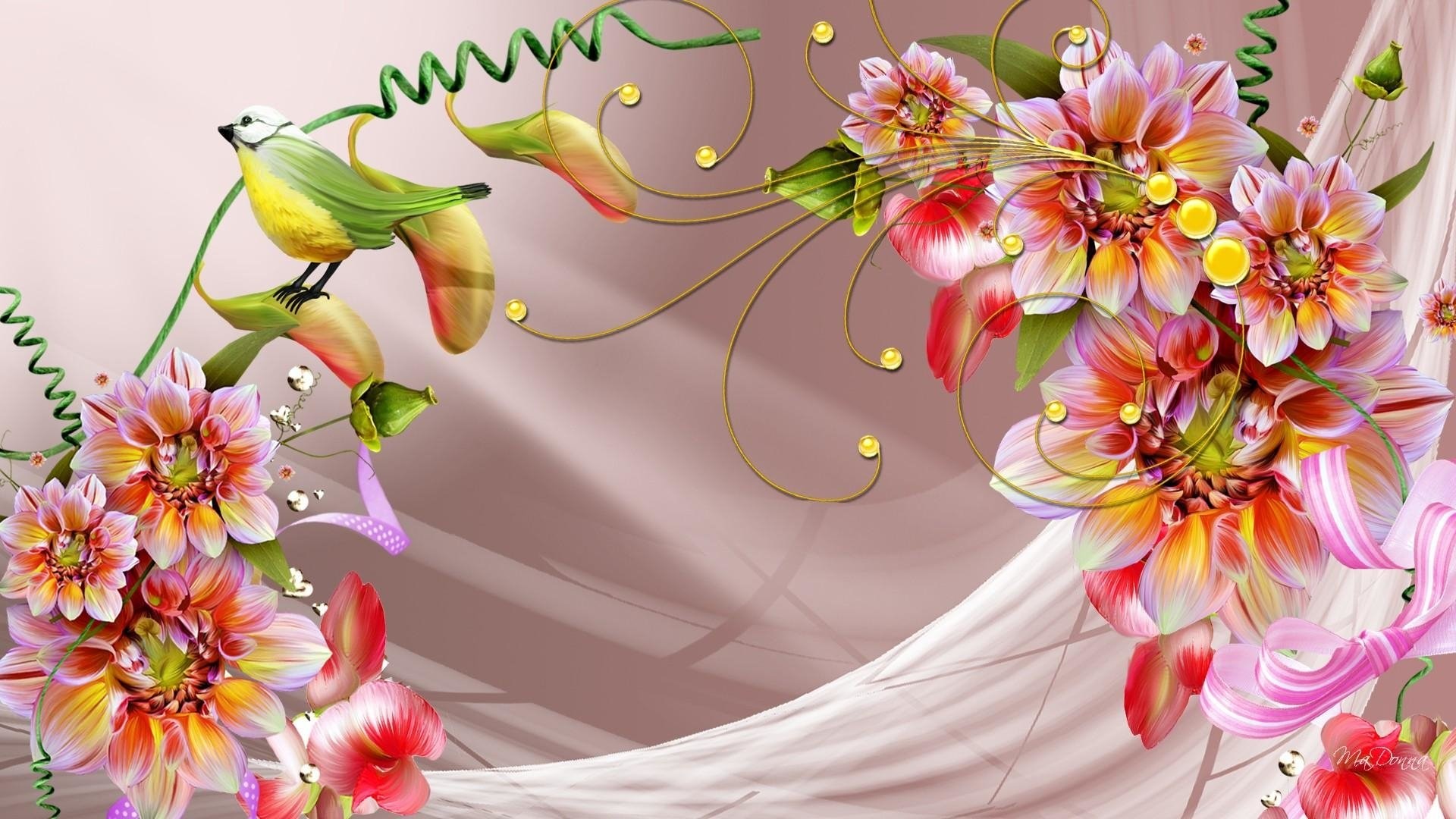 Fiori, Uccellino, Illustrazione, Rosa, sfondo desktop