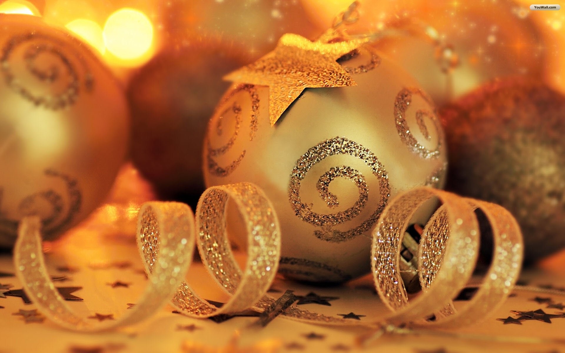 Pallina dorata, Nastri, Bokeh, Oro, Primo piano, 1920x1200, sfondo per PC