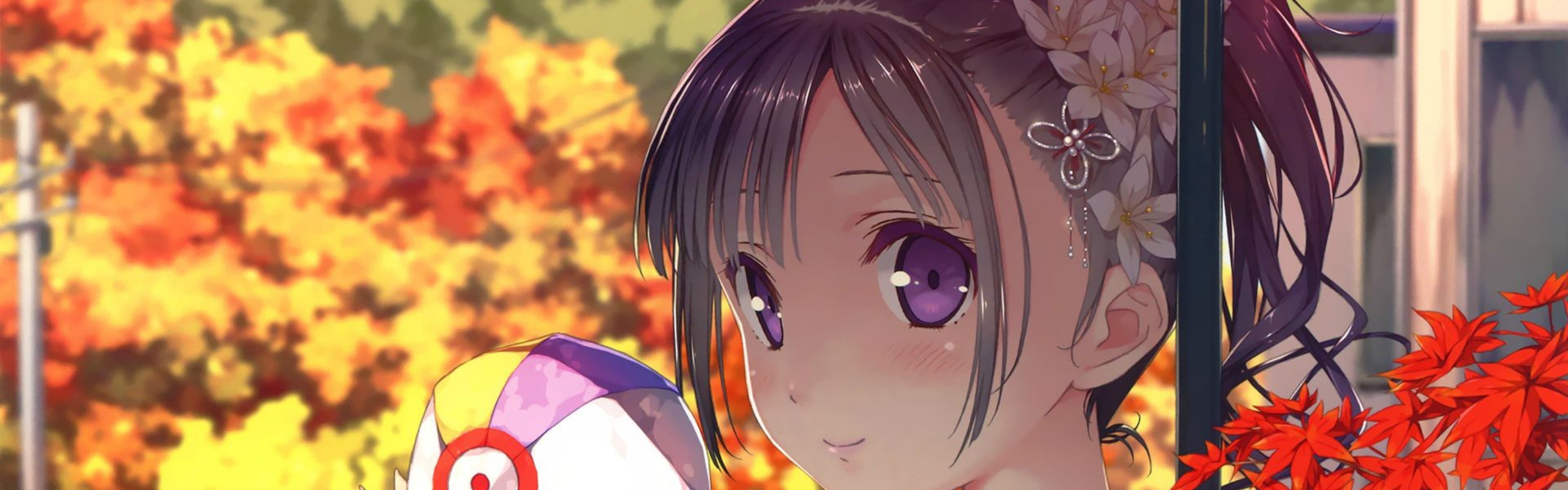 Ragazza anime, Autunno, Foglie rosse, Kawaii, doppio schermo, sfondo Full HD