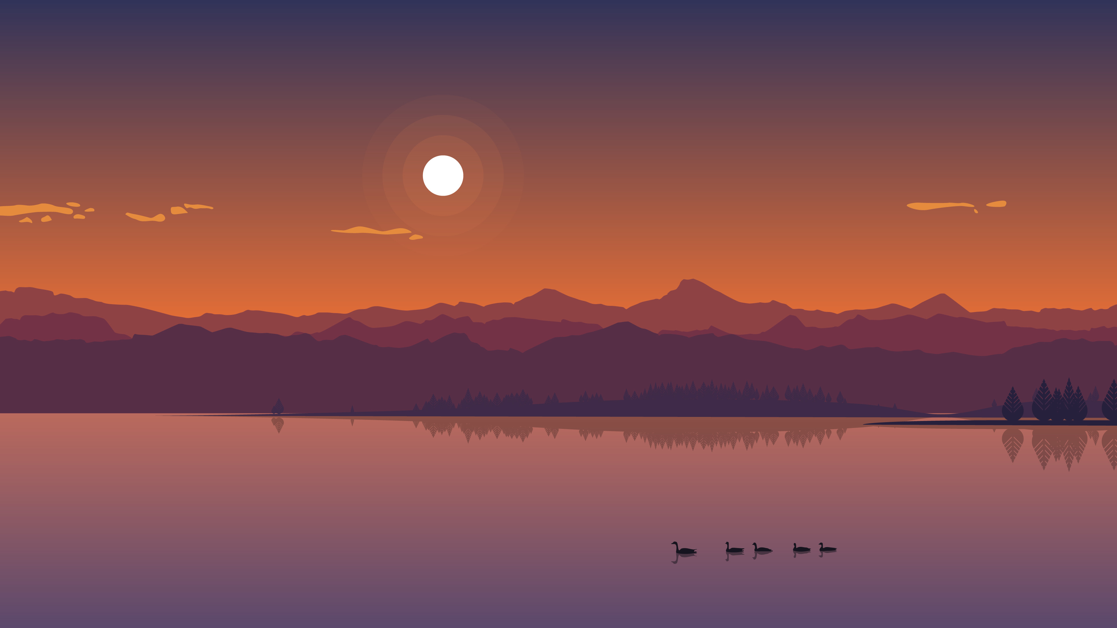 Lago, Montagne, Tramonto, Anatre, Flat design, 3840x2160, sfondo per PC