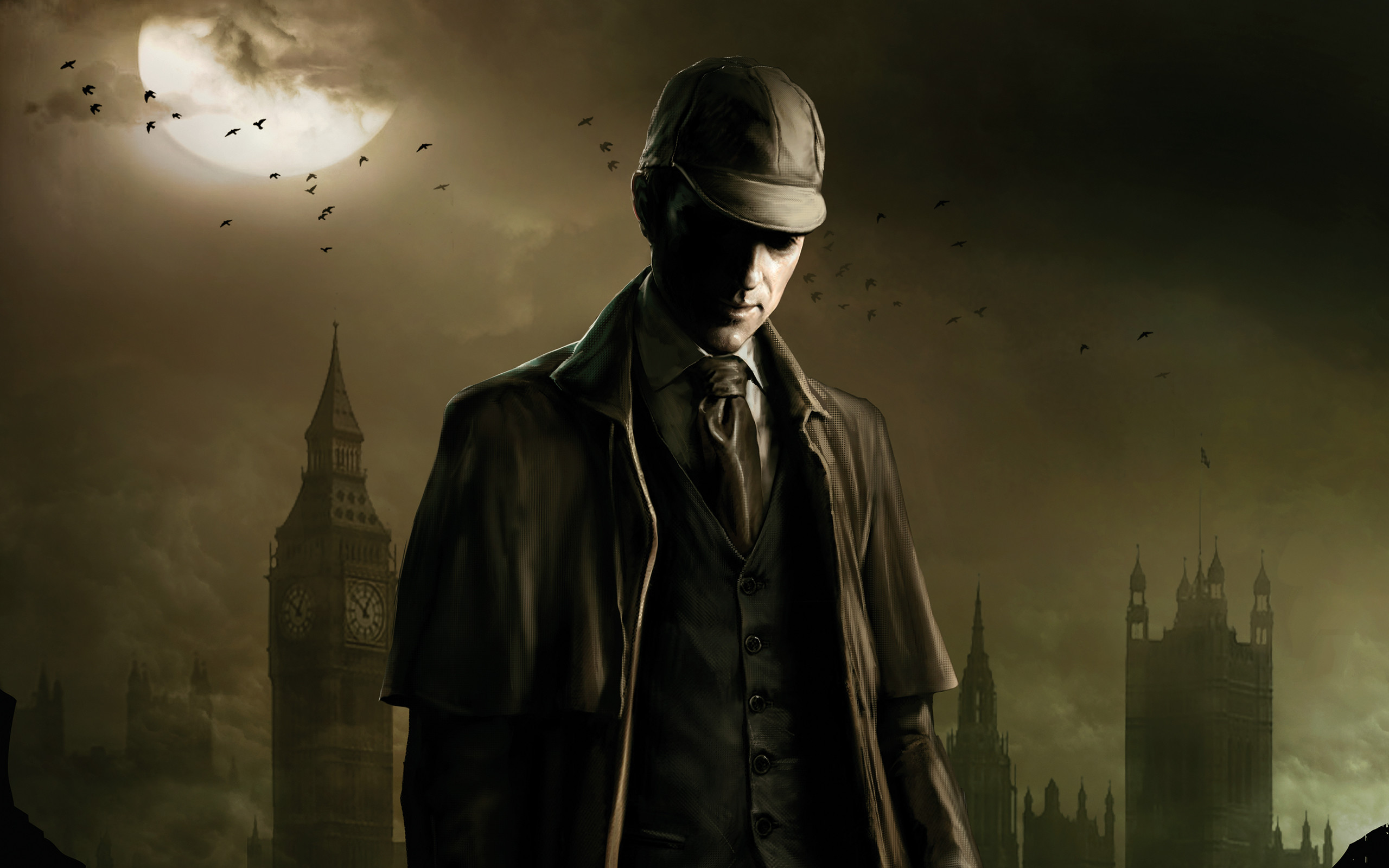 Sherlock Holmes, Deerstalker, Big Ben, Londra, Arte digitale, Seppia, sfondo 16:10 2K