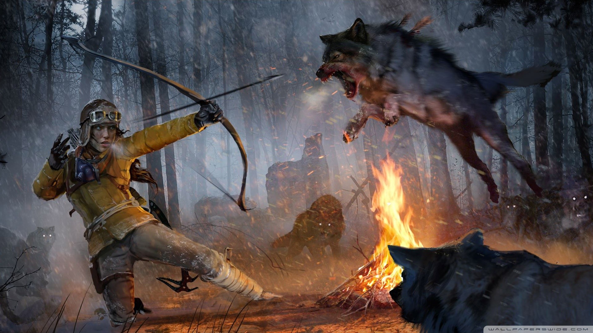 Lara Croft, Tomb Raider (2013), Lupo, Arco, Fuoco, Full HD, wallpaper per computer