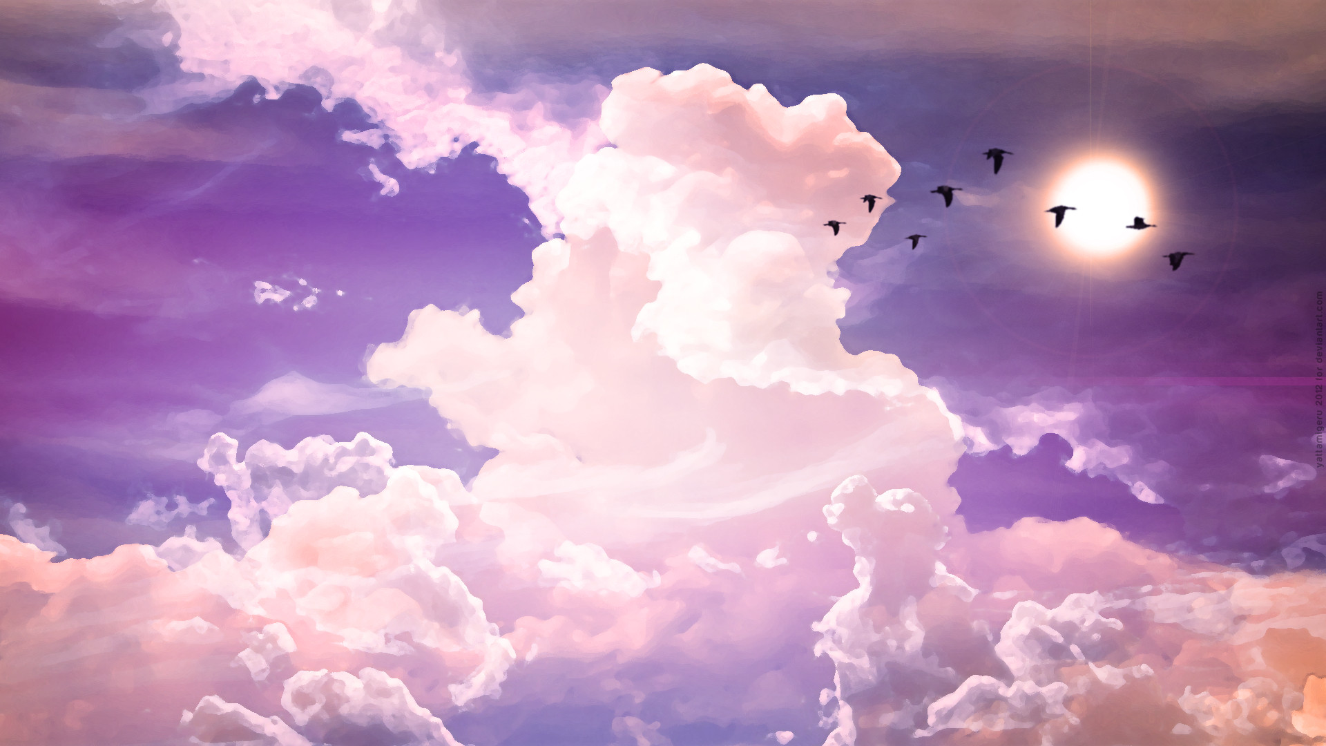 Nuvole, Uccelli, Luna, Viola, Rosa, 16:9 Full HD, sfondo widescreen