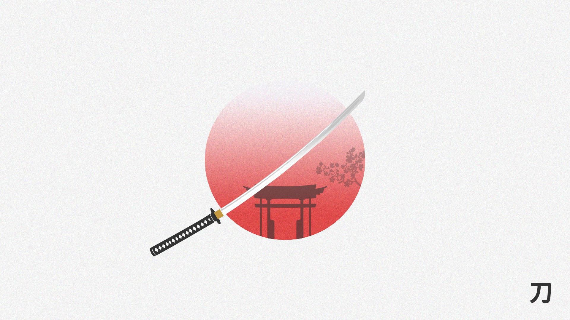 Katana, Torii, Sole rosso, Minimalismo, Full HD, sfondo per PC