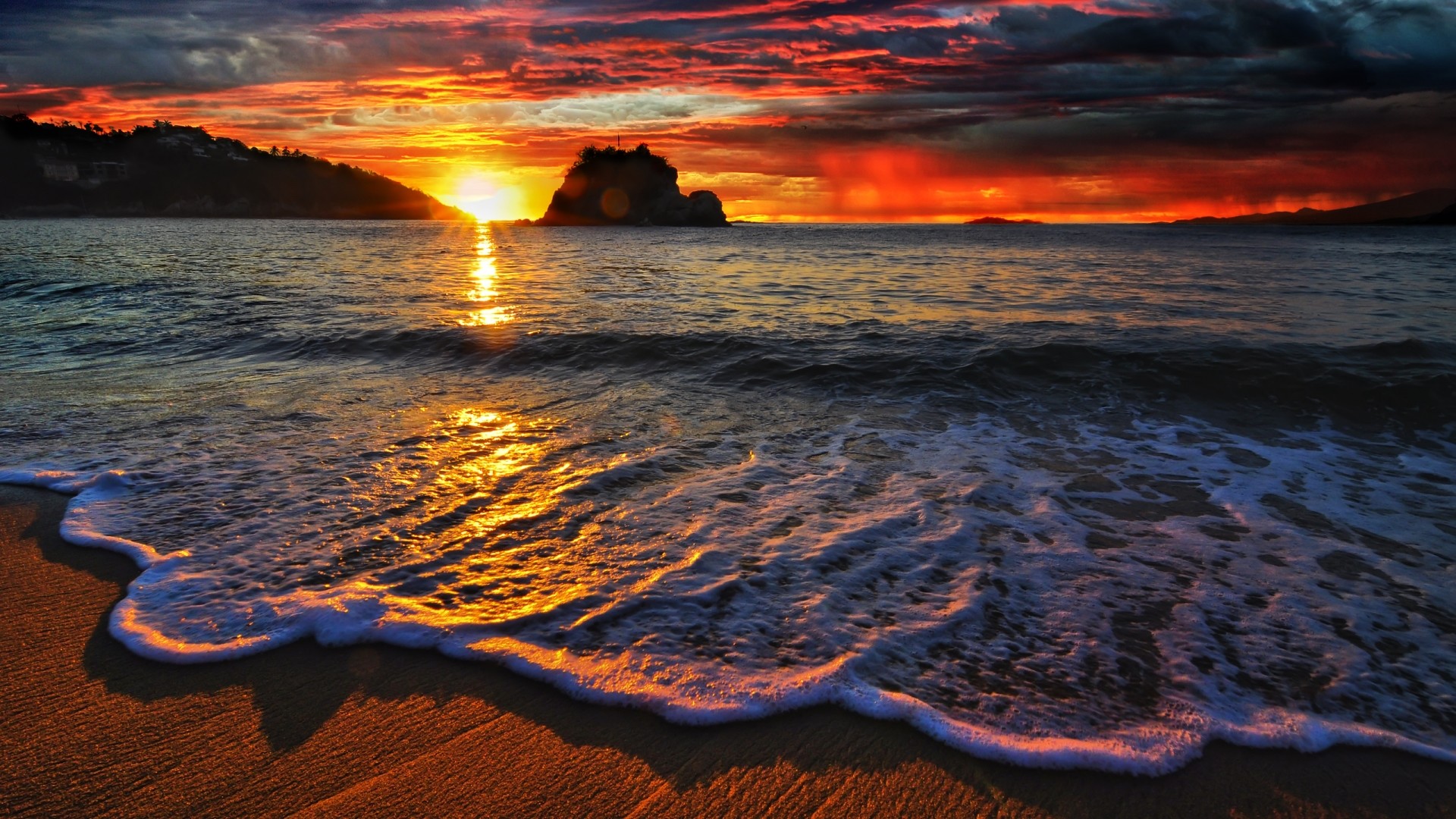 Tramonto, Mare, Spiaggia, Onde, Cielo rosso, 1920x1080, sfondo per PC
