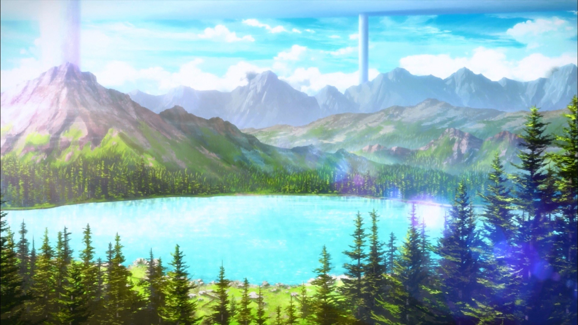 Sword Art Online, Lago, Montagne, Foresta, Paesaggio, Full HD, sfondo desktop