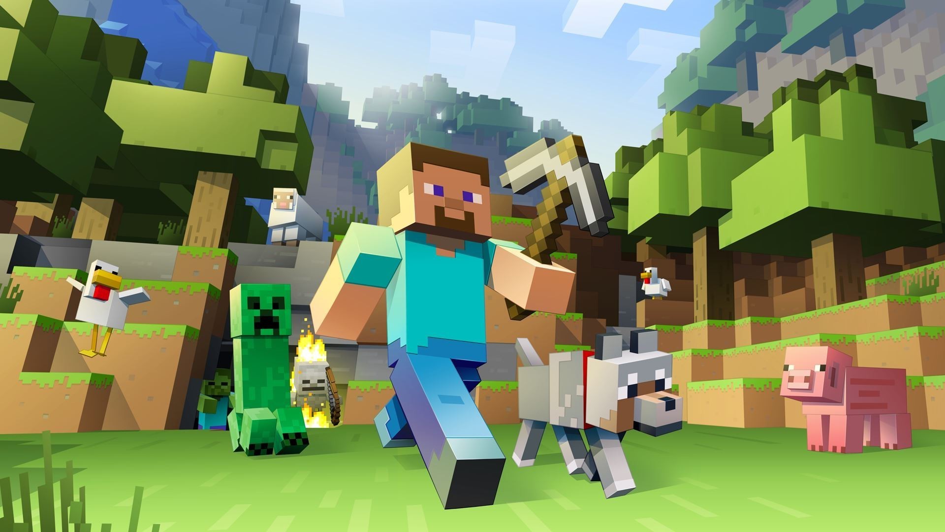 Minecraft, Steve, Creeper, Lupo, Maiale, 16:9 Full HD, sfondo widescreen