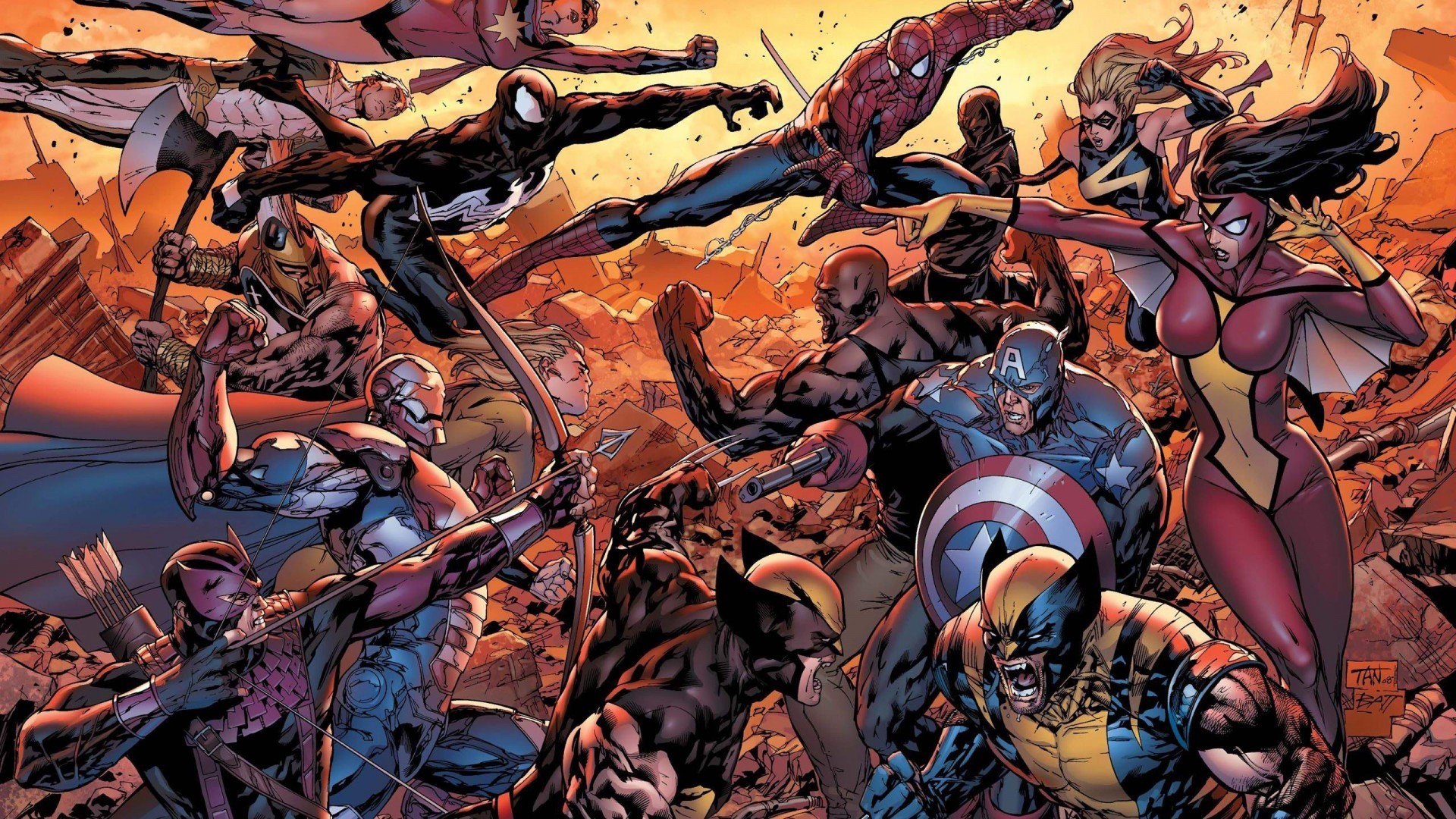 Avengers, Capitan America, Spider-Woman, Wolverine, Marvel Comics, Battaglia, sfondo 1080p