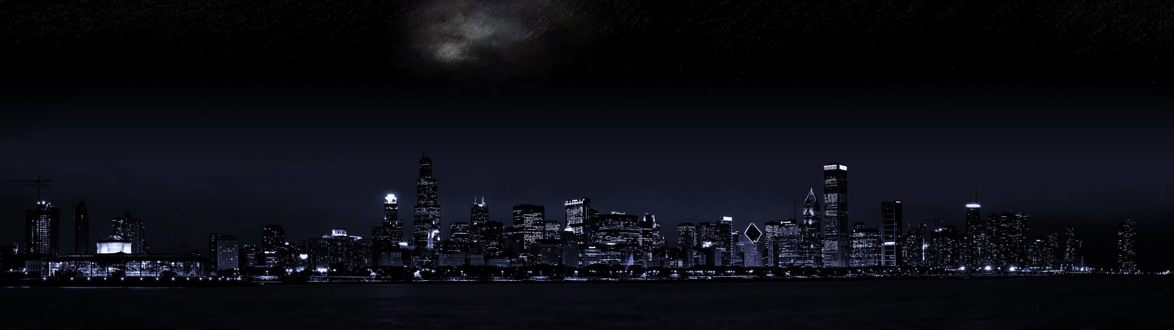 Skyline, Notte, Città, Luci, 3840x1080, wallpaper desktop