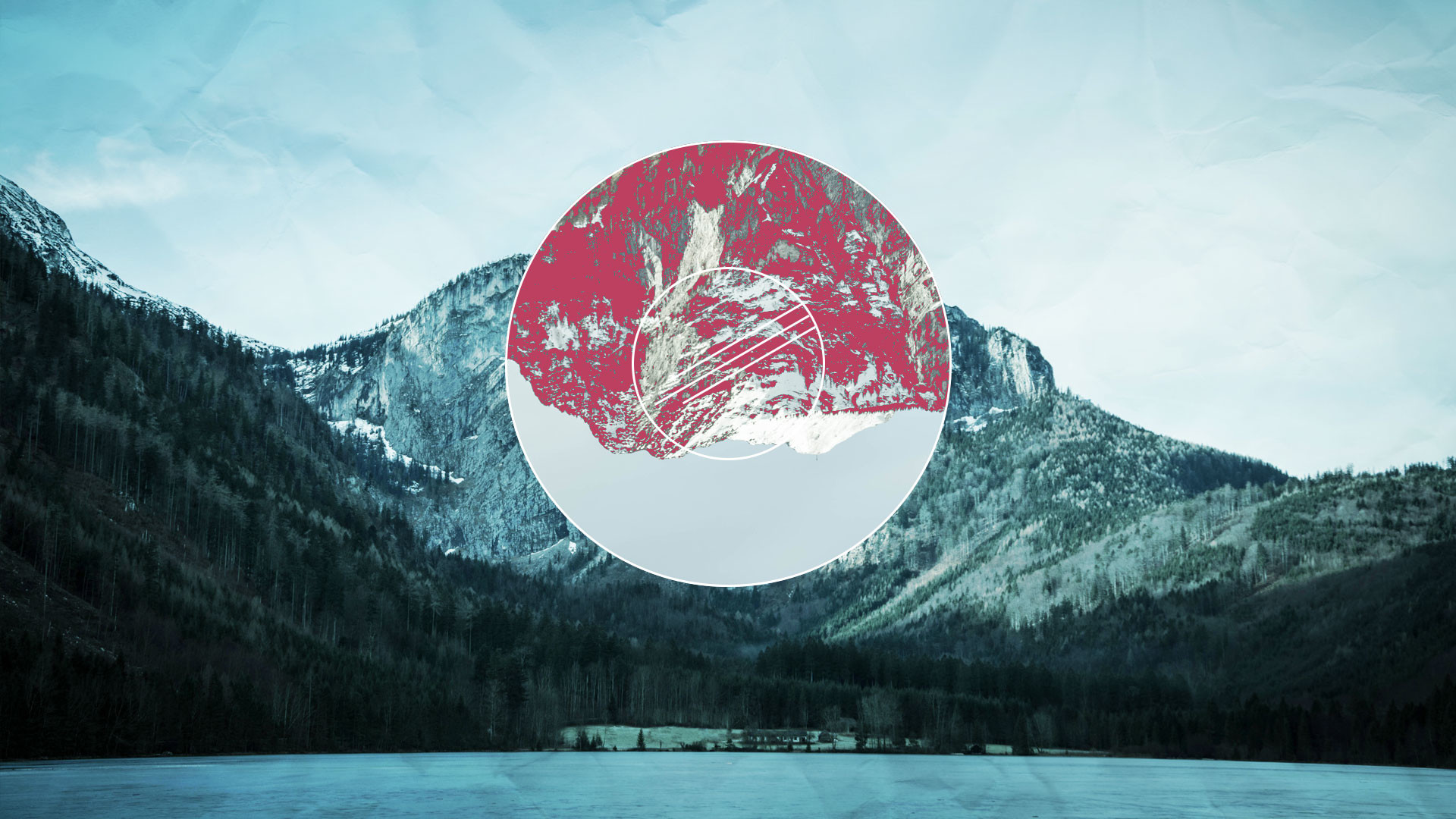 Montagna innevata, Cerchio, Lago, Collage, Minimalismo, 1920x1080, immagine di sfondo