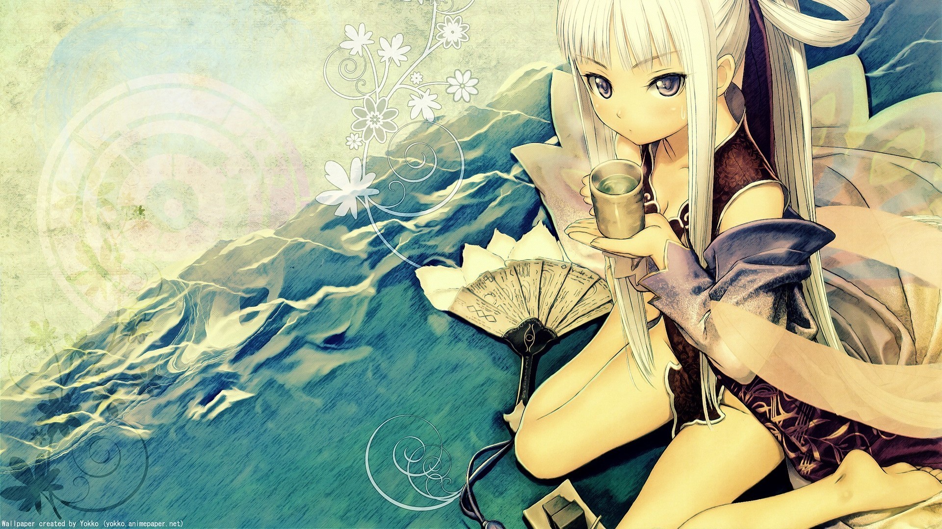 Ragazza anime, Ventaglio, Capelli bianchi, Kimono, 1920x1080, wallpaper desktop