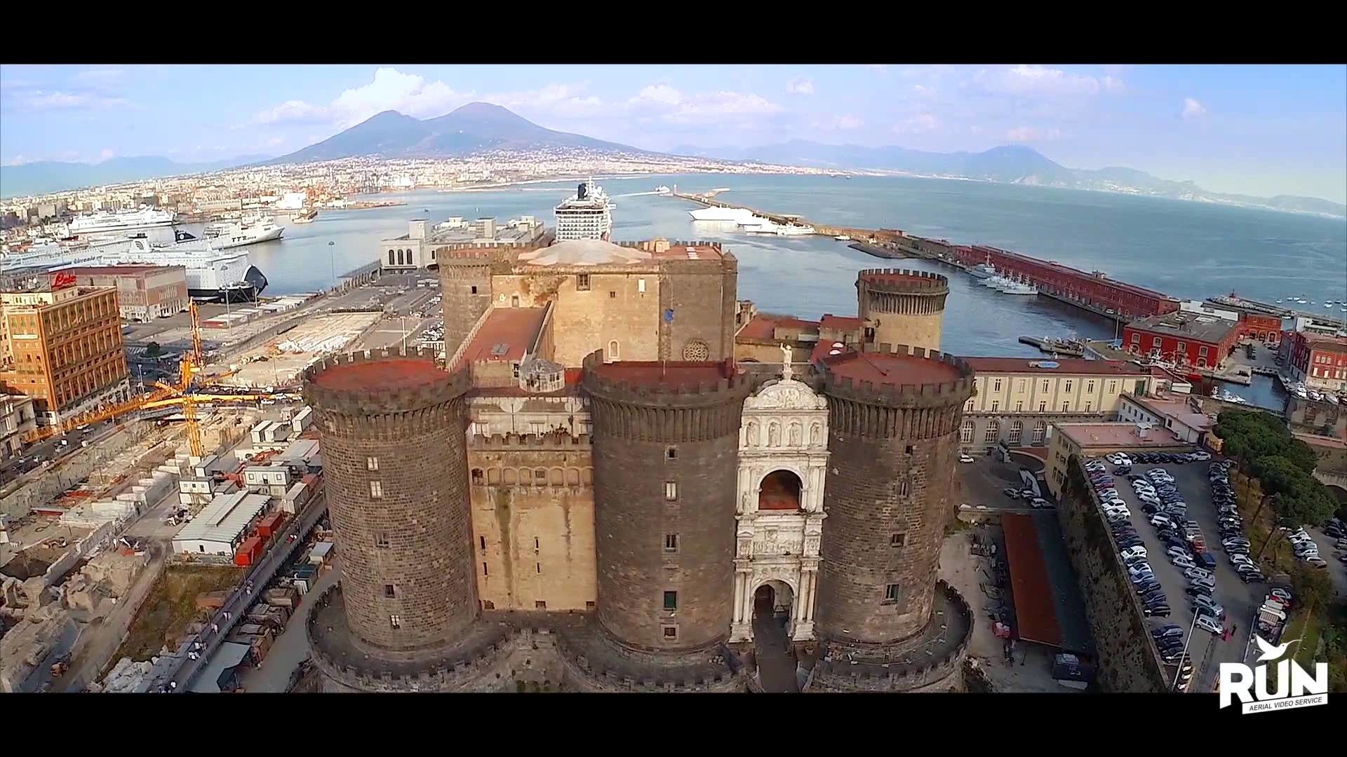 Castel Nuovo, Maschio Angioino, Napoli, Vesuvio, Vista aerea, Full HD, sfondo desktop