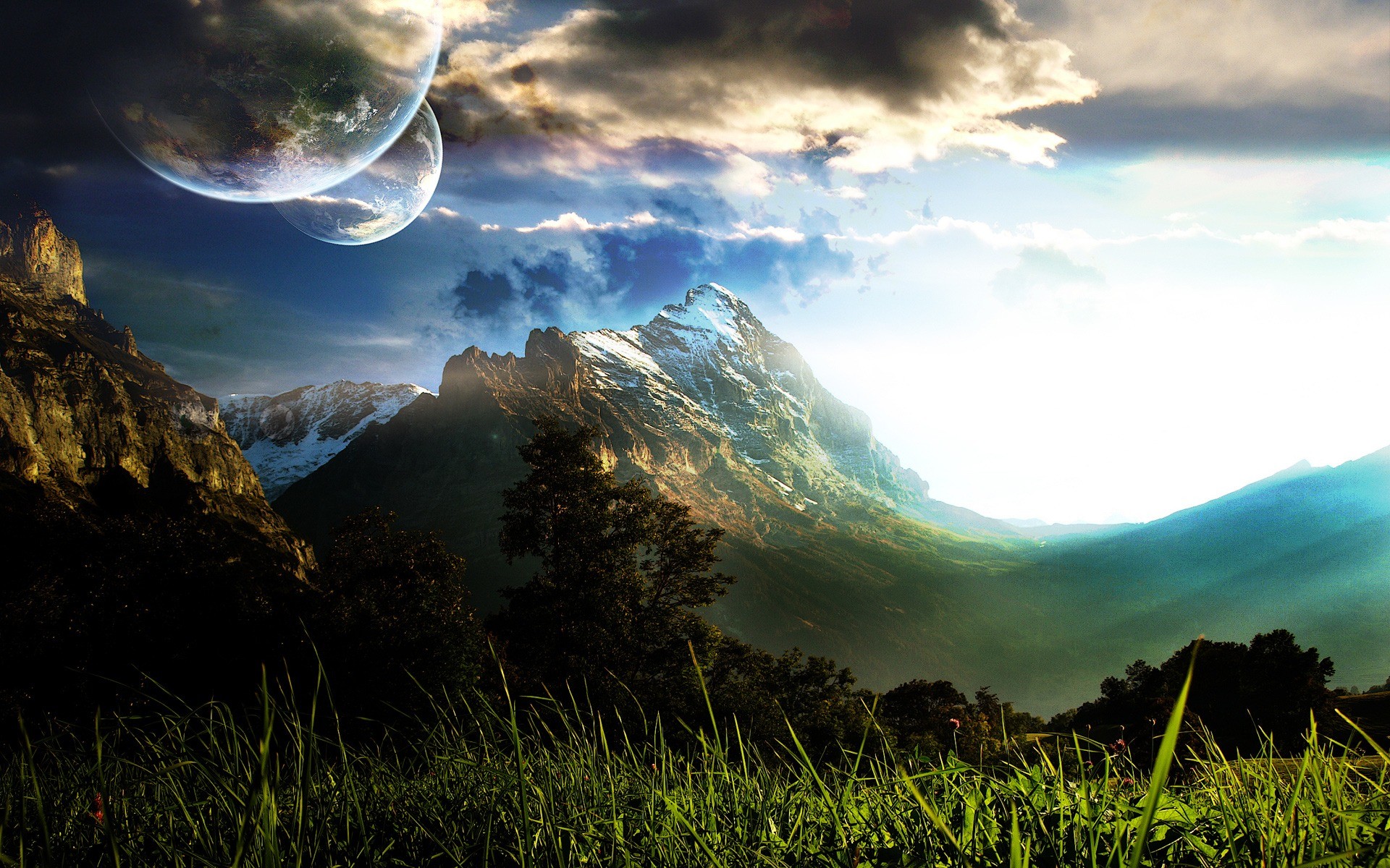Paesaggio fantasy, Pianeti, Montagne, Cielo, 1920x1200, sfondo per PC