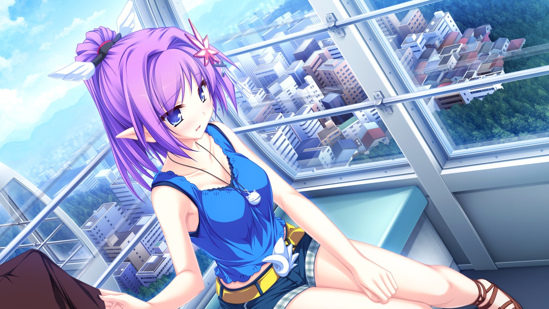 Ragazza anime, Capelli viola, Orecchie a punta, Città, Grattacielo, sfondo 16:9 Full HD