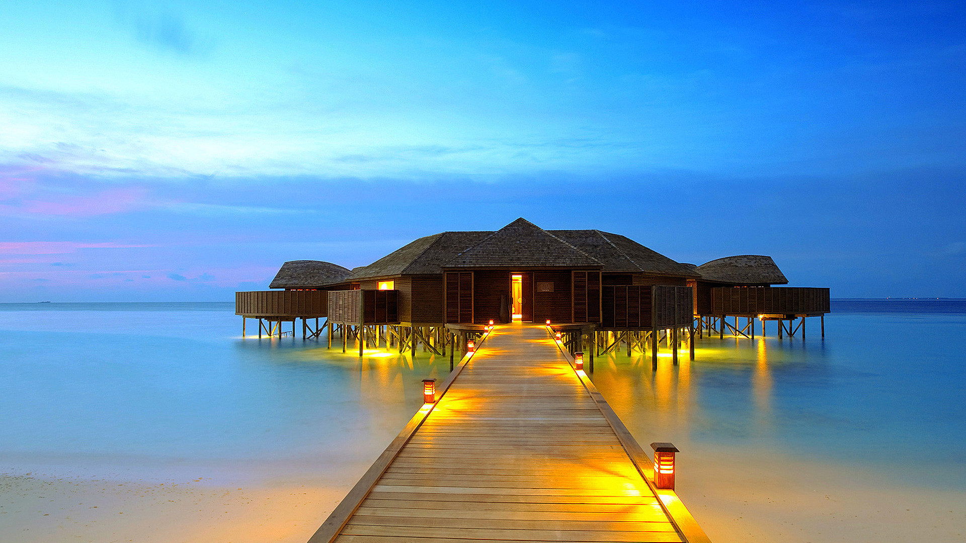 Bungalow sull'acqua, Maldive, Pontile, Mare, Crepuscolo, Full HD 1080p, sfondo desktop