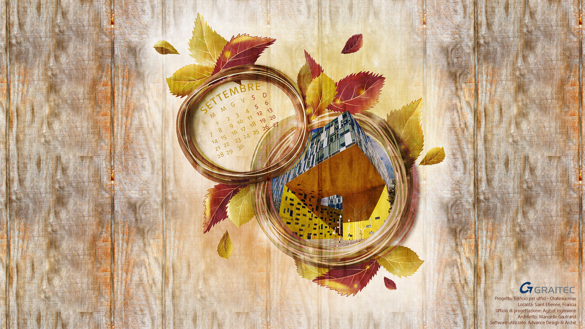 Calendario settembre, Foglie autunnali, Legno, Illustrazione, 16:9 Full HD, sfondo widescreen