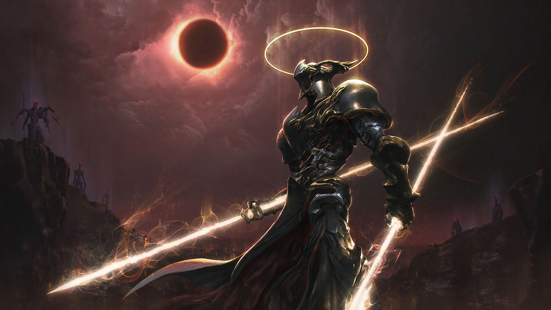 Guerriero, Eclissi, Aureola, Spade luminose, 16:9 Full HD, sfondo widescreen