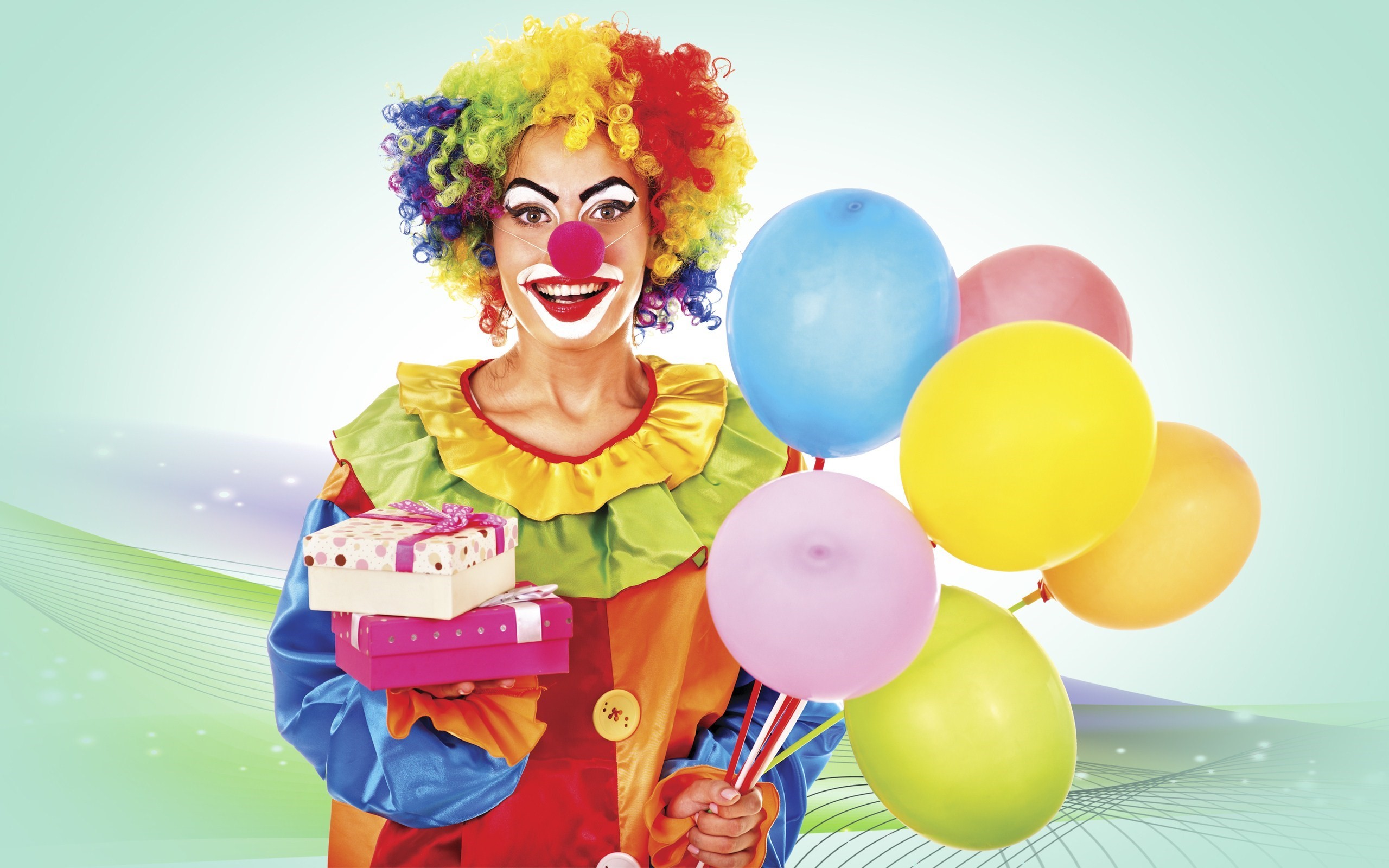 Clown, Palloncini colorati, Regali, Festa, 2K, sfondo Windows 11