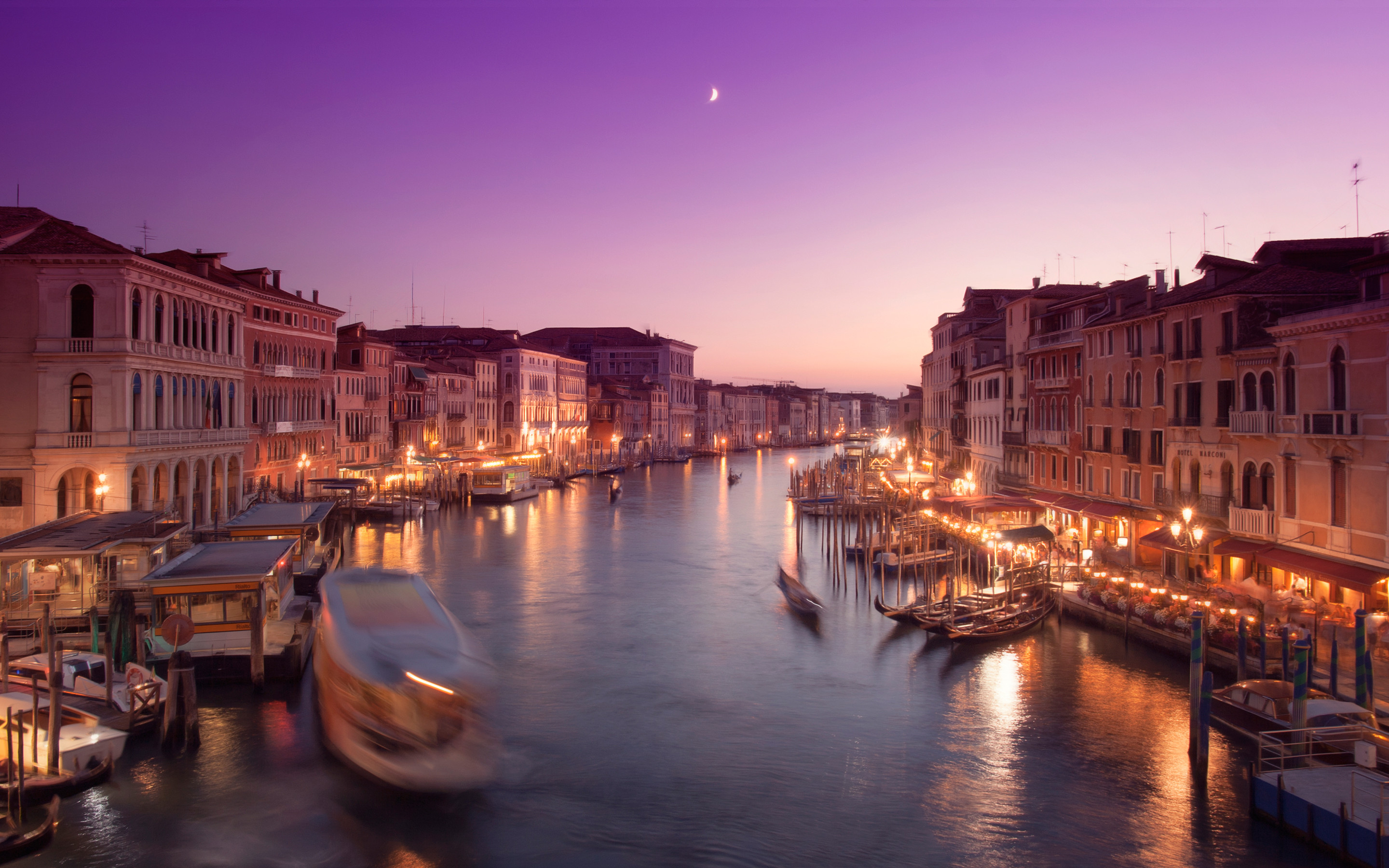 Canal Grande, Venezia, Tramonto, Gondole, Luci, 2K, sfondo desktop