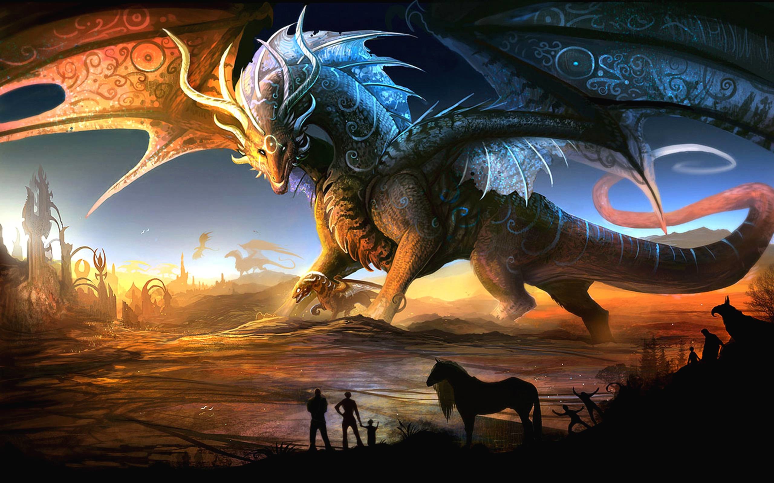 Drago, Tramonto, Arte fantasy, Cavallo, 2K, sfondo Windows 11