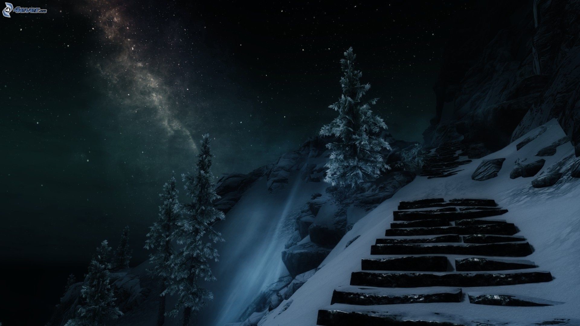Scale innevate, Via Lattea, Abeti, Inverno, Notte, 1920x1080, wallpaper desktop