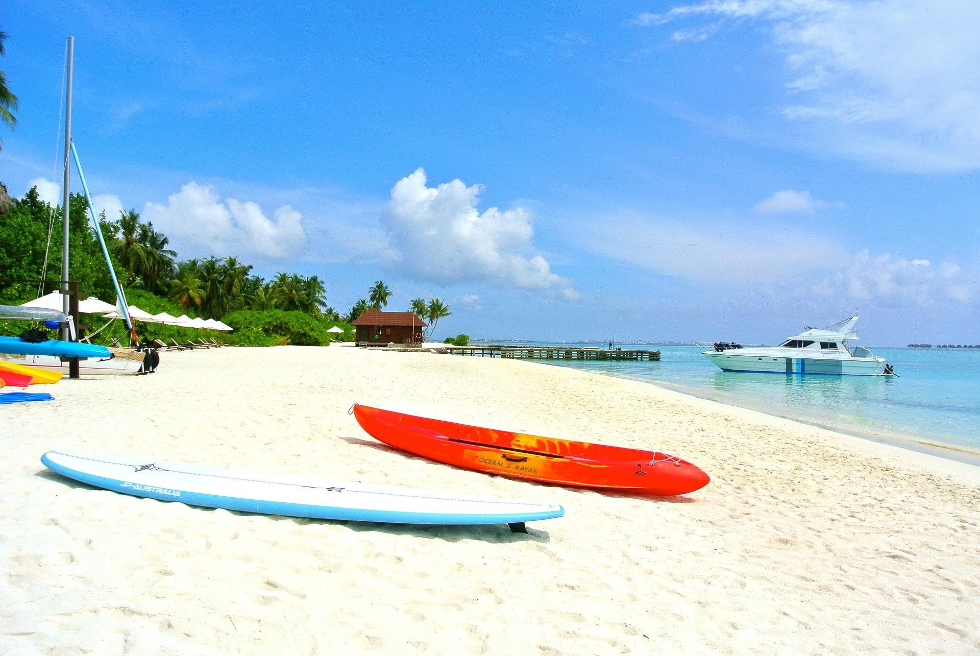 Maldive, Kayak, Spiaggia, Paddle board, Full HD, sfondo Windows 11