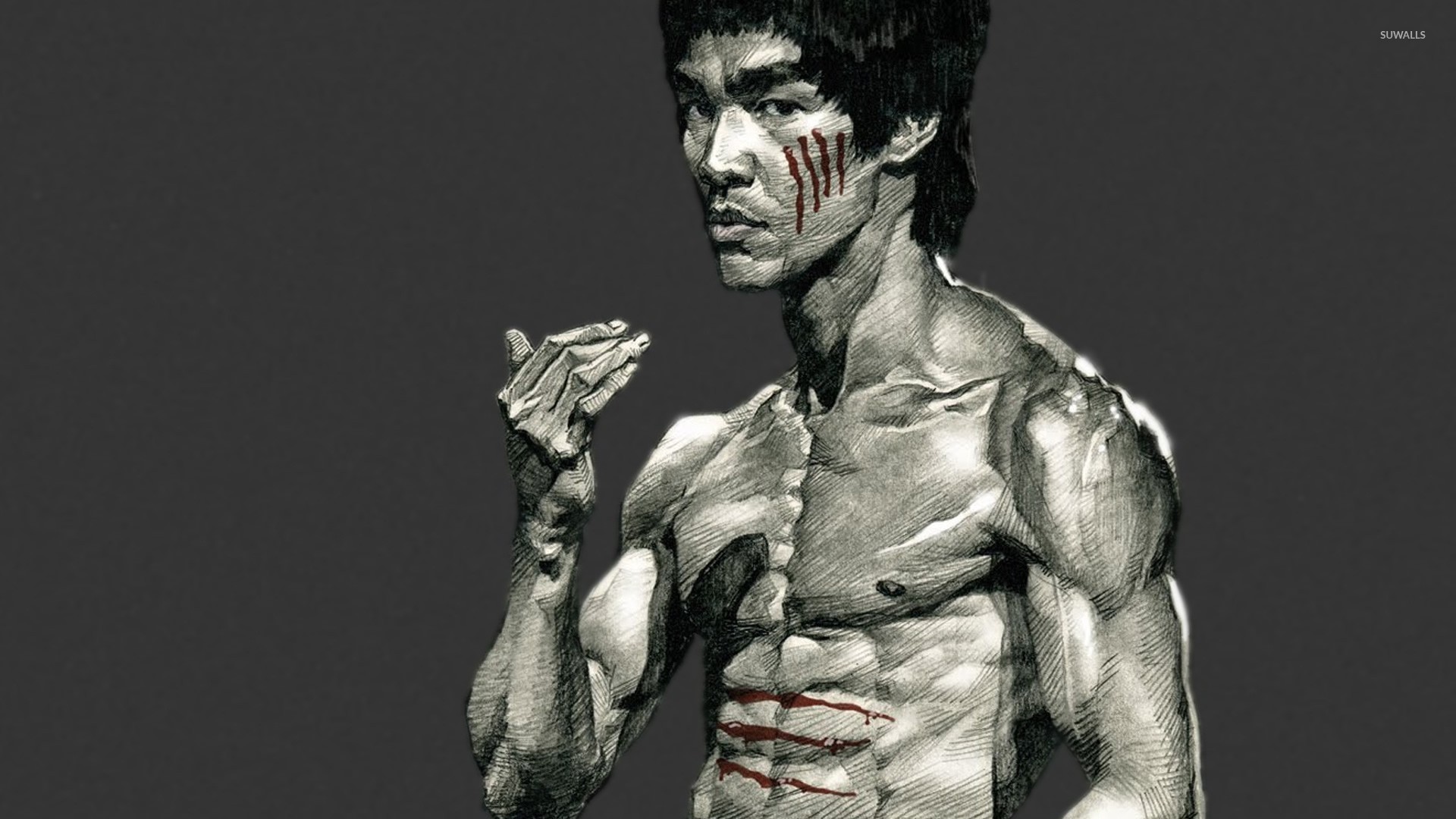 Bruce Lee, Graffi, Muscoli, Sfondo grigio, Full HD, wallpaper desktop