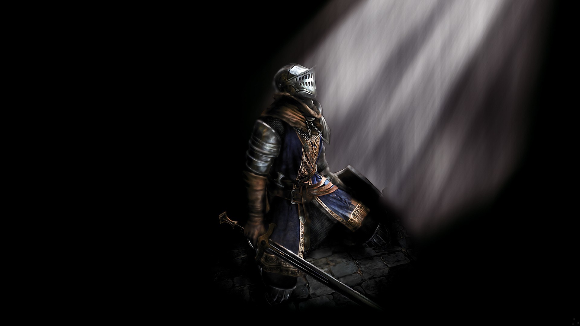 Dark Souls, Cavaliere, Raggio di luce, Sfondo nero, Full HD, wallpaper desktop