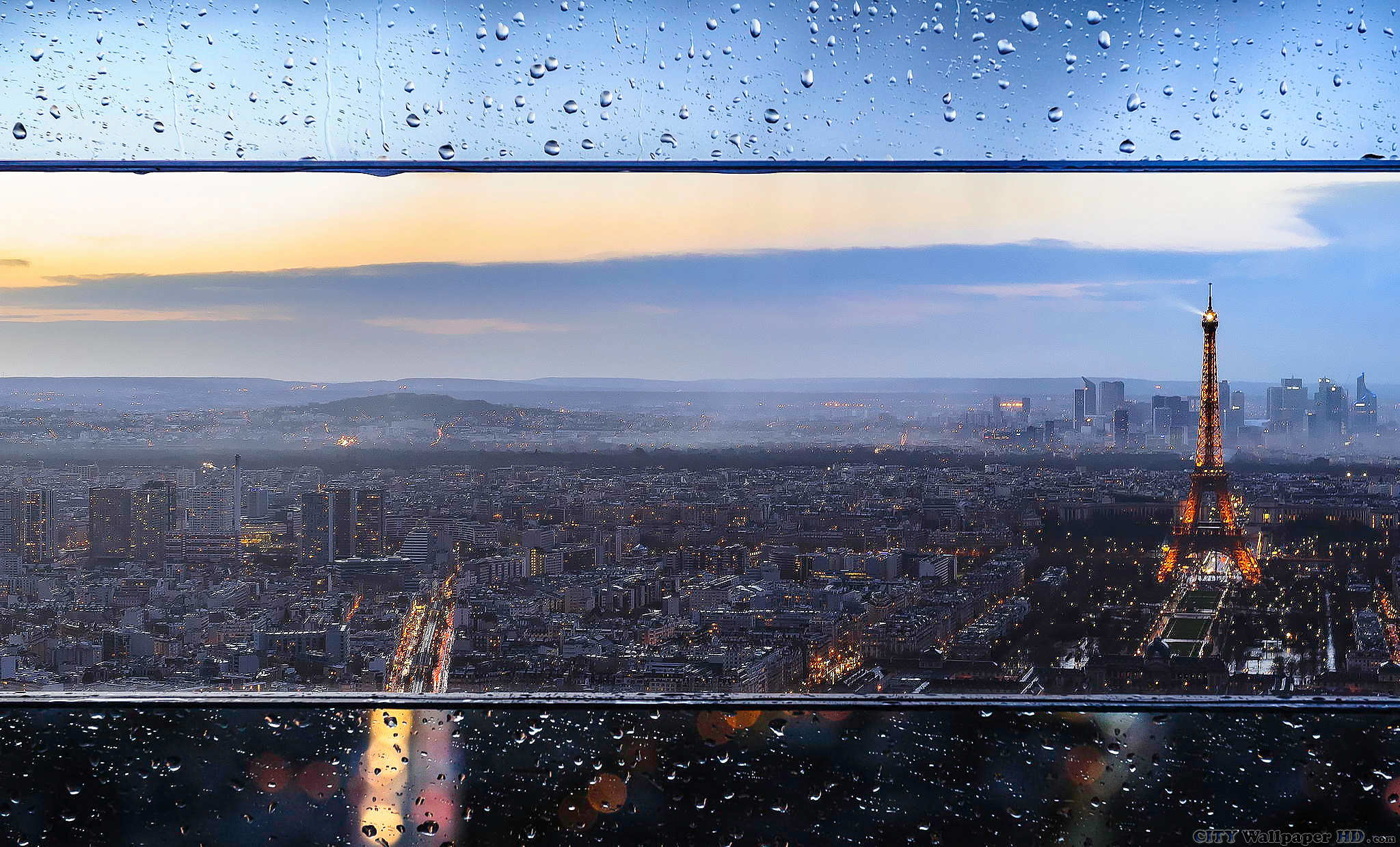 Torre Eiffel, Parigi, Gocce di pioggia, Vetro, Panorama, Full HD, wallpaper desktop