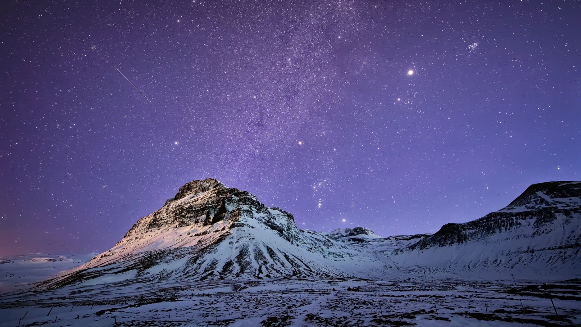 Via Lattea, Montagna innevata, Cielo viola, Notte, 1920x1080, immagine di sfondo