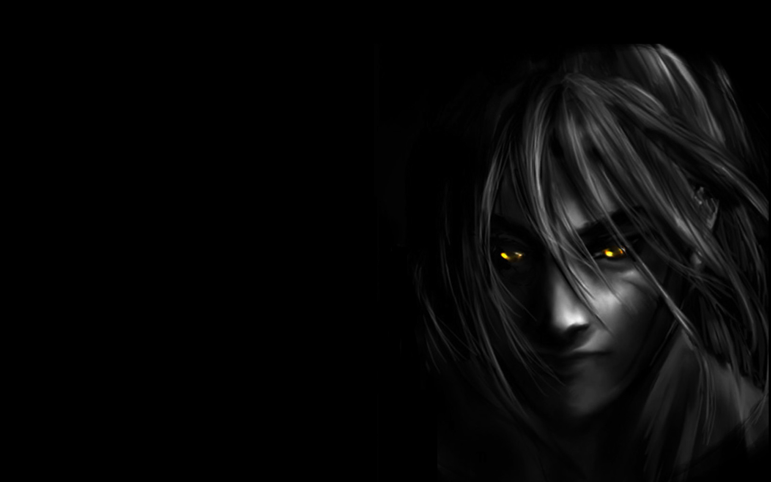Volto, Occhi gialli, Disegno, Sfondo nero, 2K, wallpaper per PC