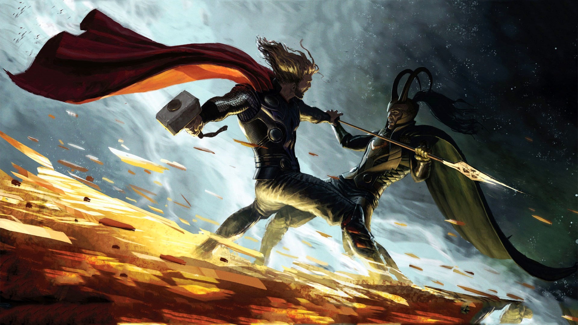 Thor, Loki, Marvel, Combattimento, Concept art, 16:9 Full HD, sfondo widescreen