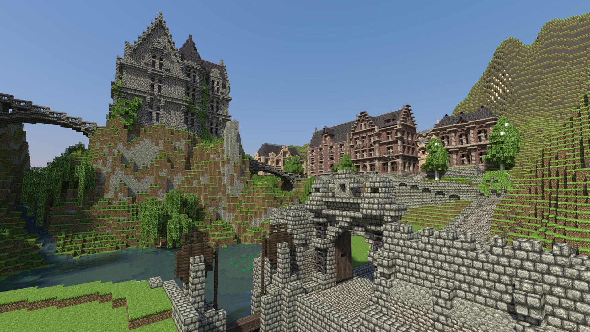 Minecraft, Castello, Ponte di pietra, Rovine, Full HD, sfondo Windows 11