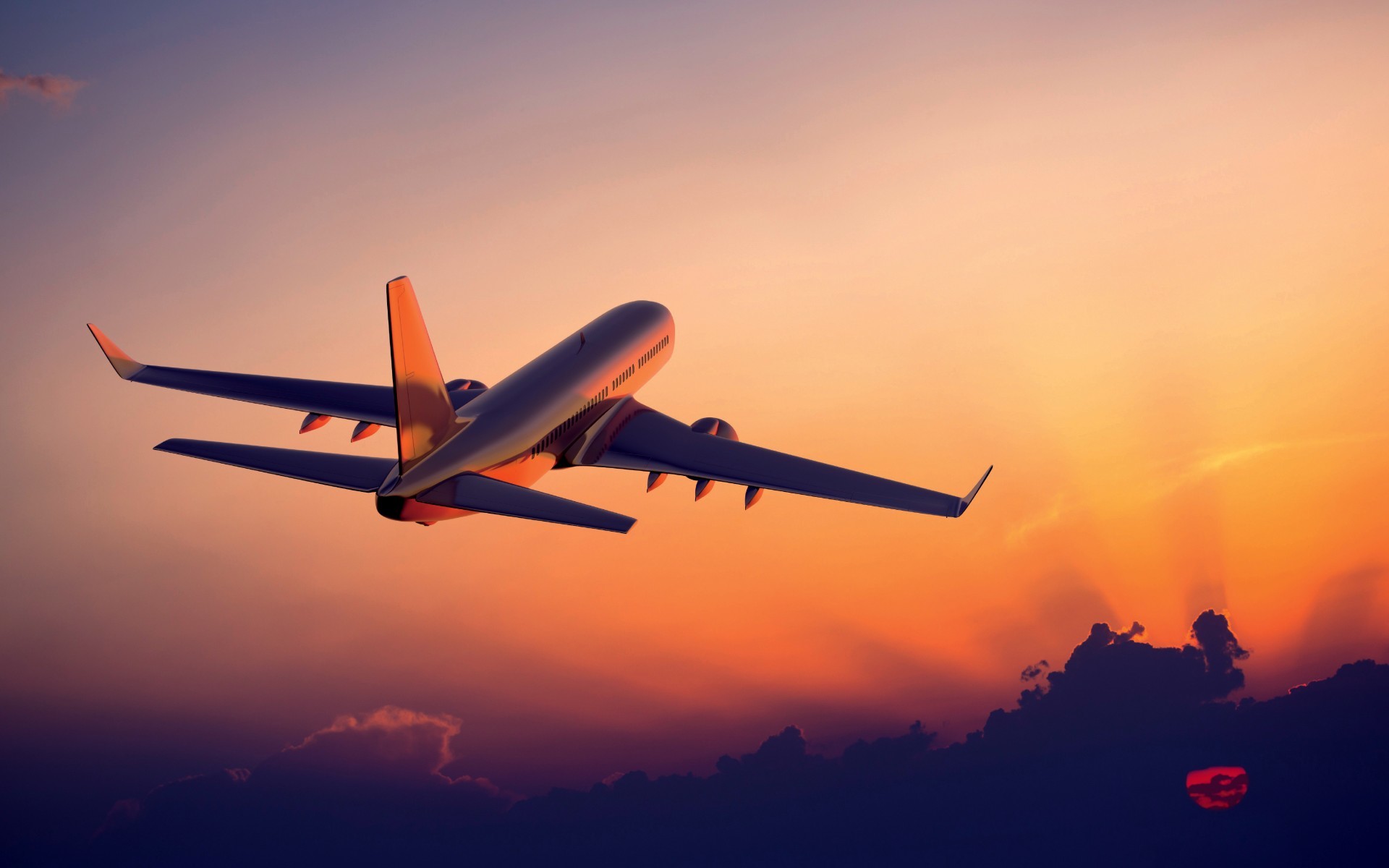 Aereo di linea, Tramonto, Cielo arancione, Volo, Full HD, wallpaper per portatile