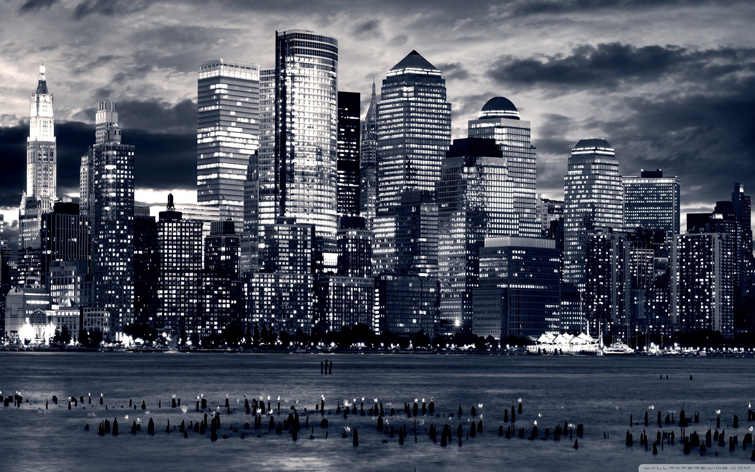 Lower Manhattan, Skyline, Bianco e nero, Hudson, 2K, sfondo per portatile